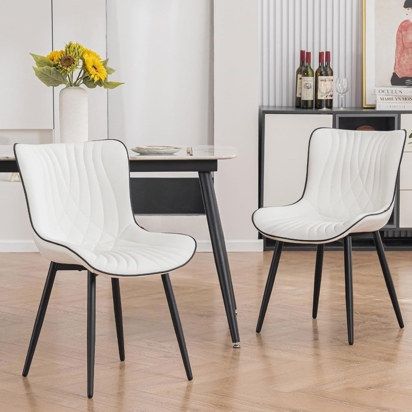 Kidol & Shellder White Dining Chairs Set of 2,Faux Leather Upholstered Mid Century Modern Kitchen&Dining Room Chair with Back,Ergonomic Armless Vanity&Living Room Chair with Metal Legs