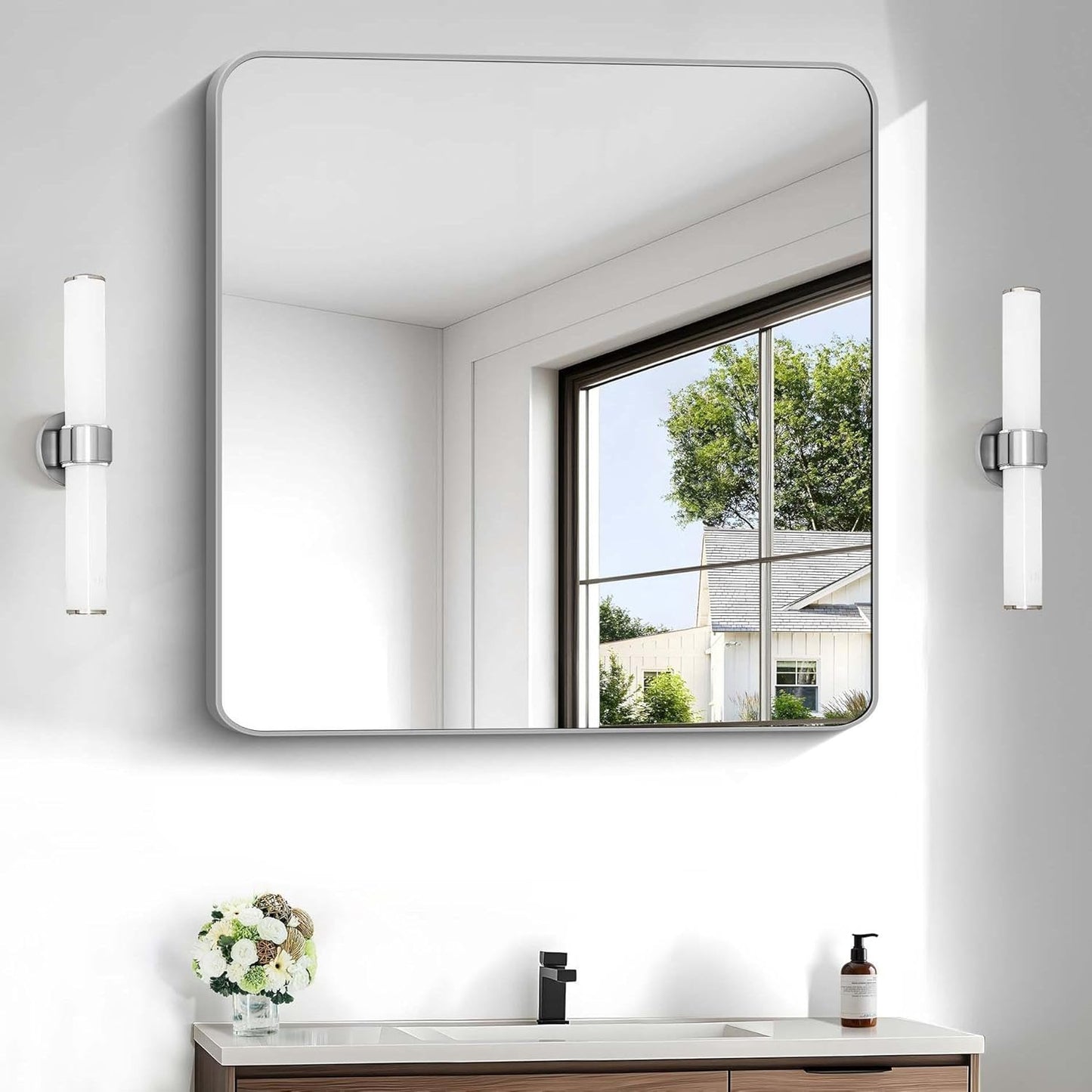 Silver Bathroom Mirror, 30 x 30 Inch Silver Square Mirror, Metal Framed Rectangular Vanity Mirror, Rounded Corner Wall Mounted Mirror for Living Room Bedroom Entryway Hangs Horizontal/Vertical