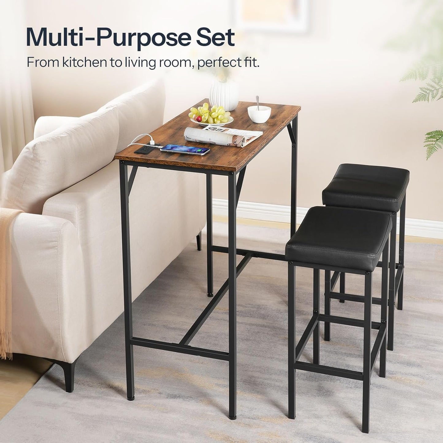 HOOBRO 3-Piece Bar Table and Chairs Set, 39.4" Pub Table, High Top Bar Table with Charging Station, 3-Piece Dining Table Kitchen Breakfast Table Set, for Kitchen, Small Space, Rustic Brown BF10UBT01