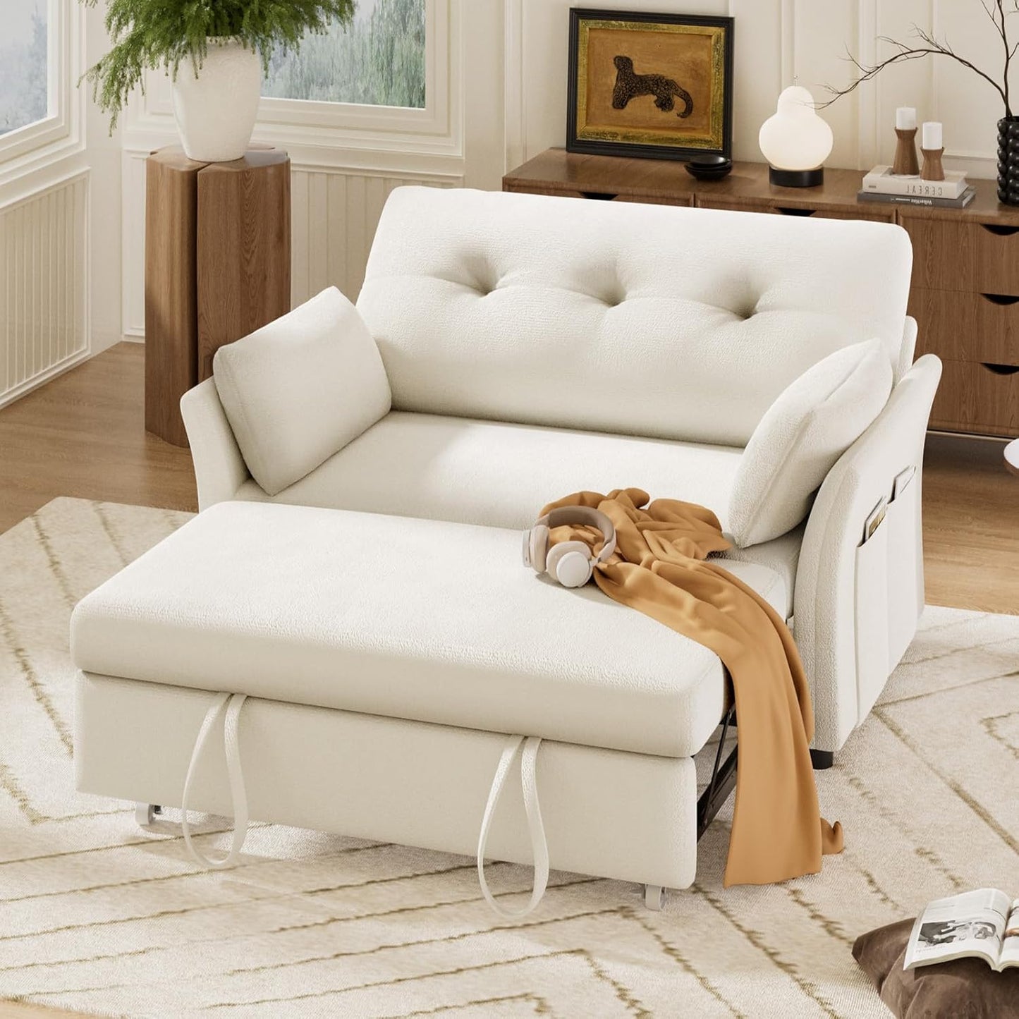 Vipbear 3-in-1 Chenille Convertible Sofa Bed, Pull Out Sleeper Sofa with Reclining Backrest & Side Pocket, Tool-Free Assembly, Folding Loveseat for Living Room, Apartment, White