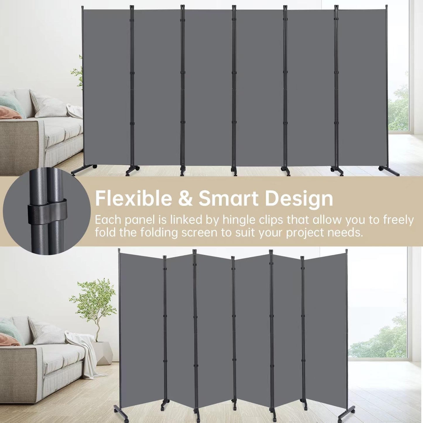 Room Divider 6 Panel Room Dividers/Wheels, Fabric Room Divider Panel for Office Room Partitions and Dividers, Portable Partition Wall Divider for Room Separation, Privacy Screen