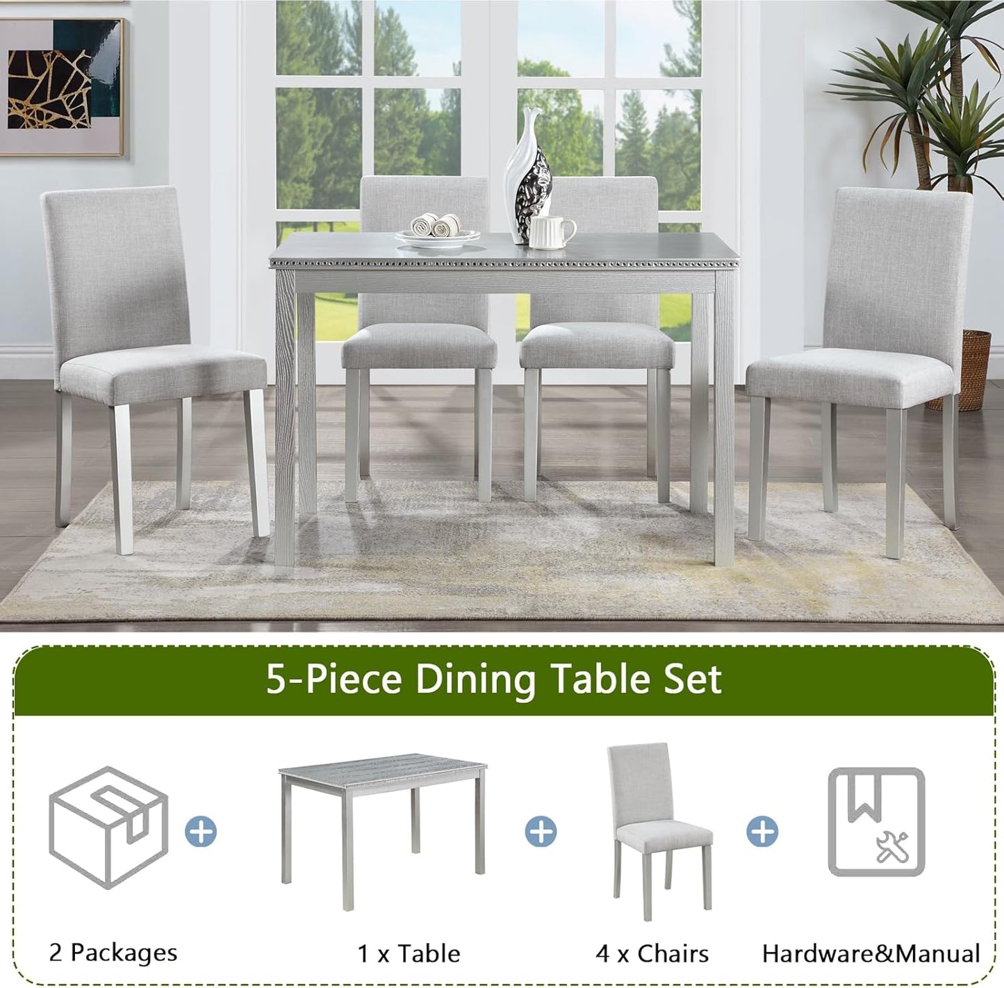 Ball & Cast 5 Piece Dining Table Set,Kitchen Table Set for 4 W/ 45.5" Rectangular Wooden Dining Table,Living Room Furniture W/ 4 Upholstered Chairs,for Dining Room,Kitchen,Silver Grey