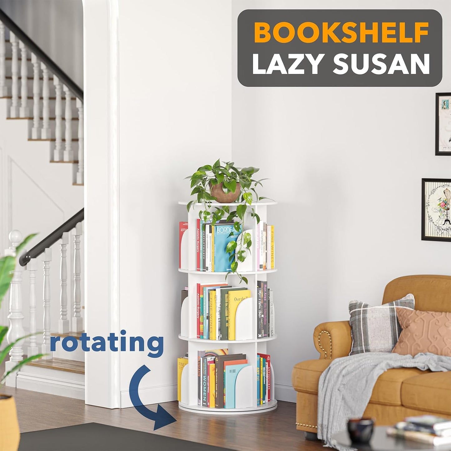 SpaceAid 3 Tier Rotating Bookshelf Tower, Spinning Bookcase Lazy Susan, Revolving 360 Book Shelf Storage Round Carousel, Vertical Rotate Turning Spiral Corner Organizer, White