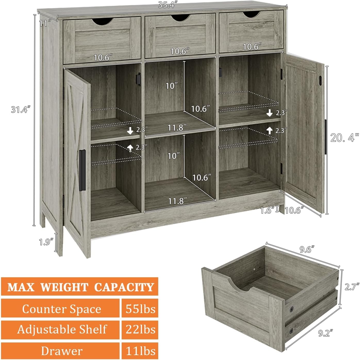 Storage Cabinet, Coffee Bar Cabinet with 2 Adjustable Shelves, 3 Drawers, and 2 Doors, for Bathroom, Kitchen, Living Room (Gray)