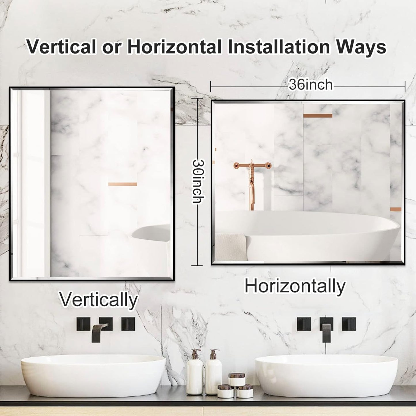 30x36 Inch Black Mirror with Beveled Trim, Aluminum Frame Bathroom Vanity Mirror, Copper-Free Mirror, Rectangle Wall Mounted Mirror, Modern Rectangular Mirror Horizontal or Vertical