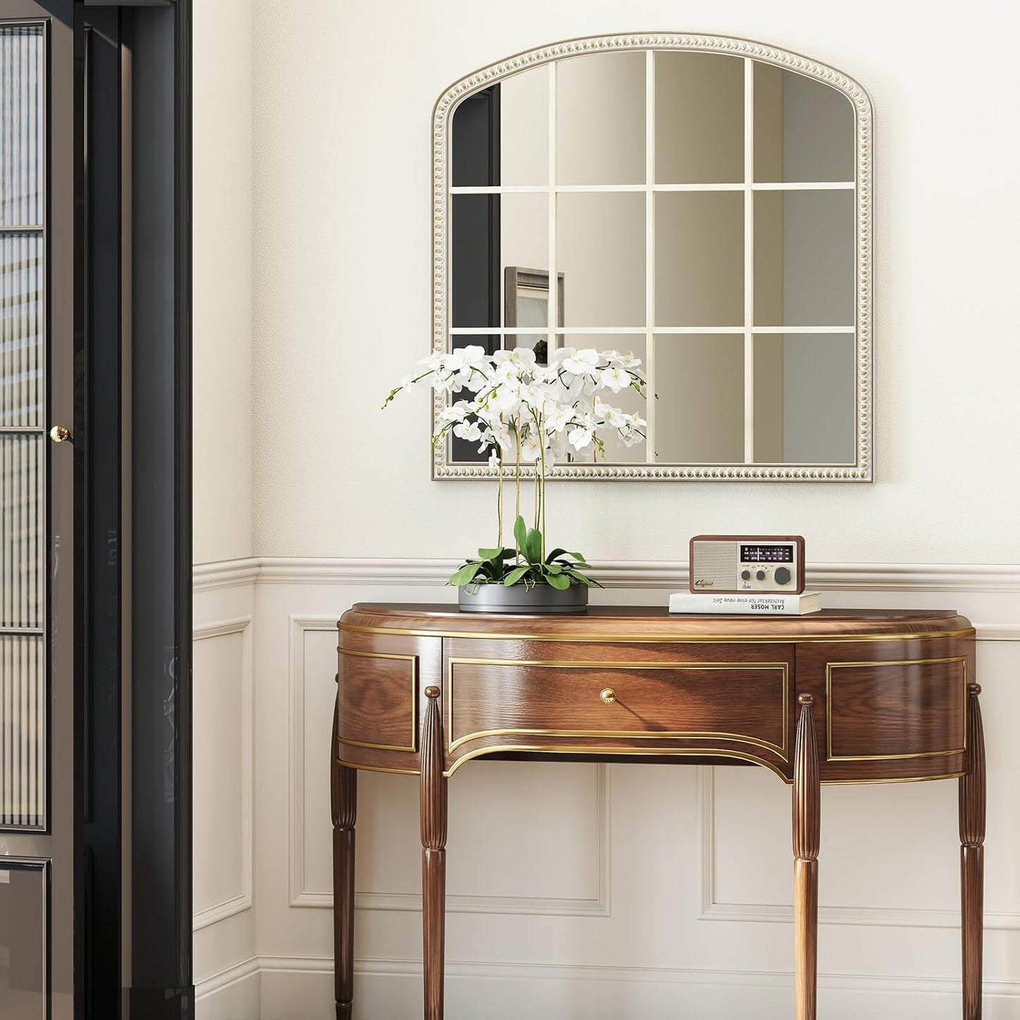 36''x36'' Wooden Wide Arched Mirrors for Wall with Window Girds, Large Farmhouse Decorative Mirror for Living Room, Entryway, Hallway, Fireplace, Bathroom