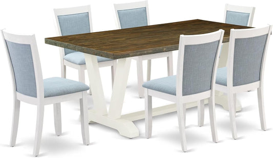 East West Furniture V077MZ015-7 7 Piece Dinette Set Consist of a Rectangle Dining Room Table with V-Legs and 6 Baby Blue Linen Fabric Parson Dining Chairs, 40x72 Inch, Multi-Color
