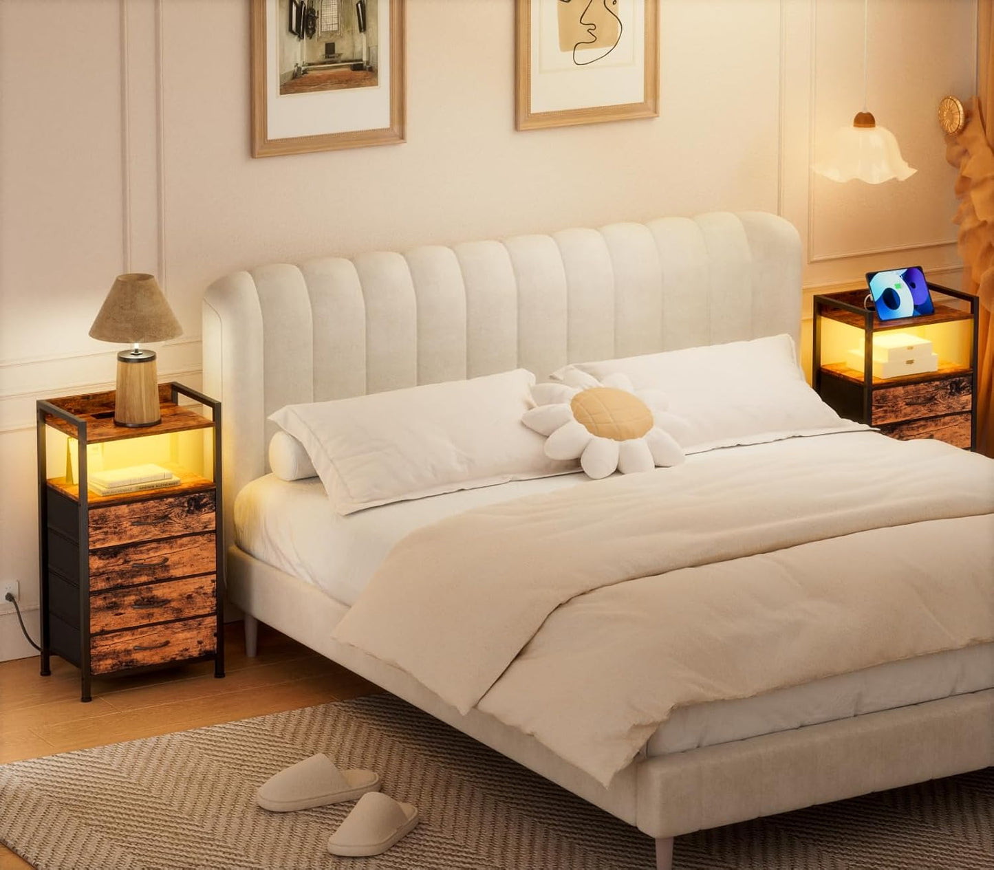 Furnulem Night Stand with Charging Station and Led Light, 4 Drawer Dresser for Bedroom, Small Nightstand Bedside Table, Fabric Bins, Metal Frame, Wood Shelf, Side Furniture(Rustic Brown)