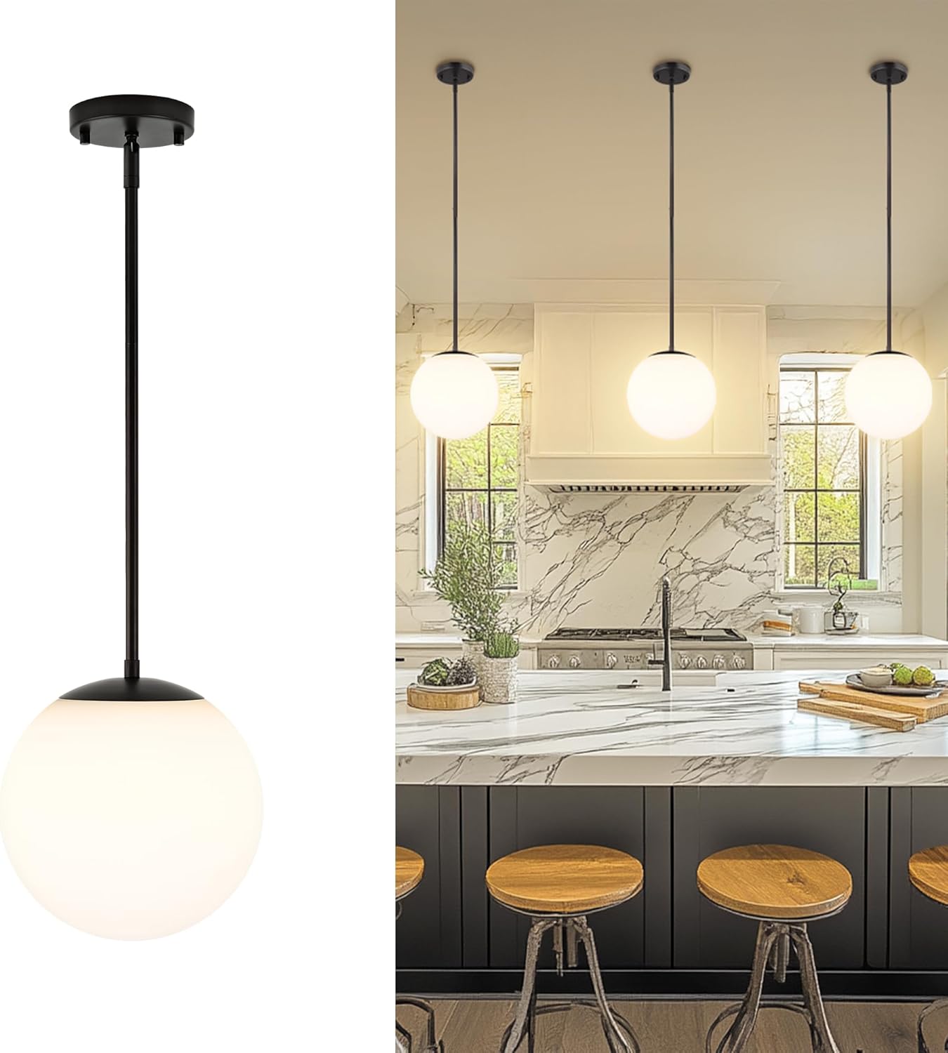 LMS 10 Inch Globe Pendant Lights, Matte Black Mid Century Kitchen Island Light Fixtures with White Globe Glass Shade, Adjustable Hanging Rod, Bar Kitchen Bedroom, LMS-186PL-BKW-10