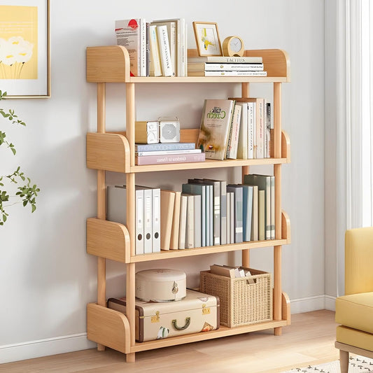 4-Tier Wooden Open Bookcase - Modern Display Bookshelf with Top Edge and Solid Wood Frame for Home and Office, Storage Cabinet, Oak