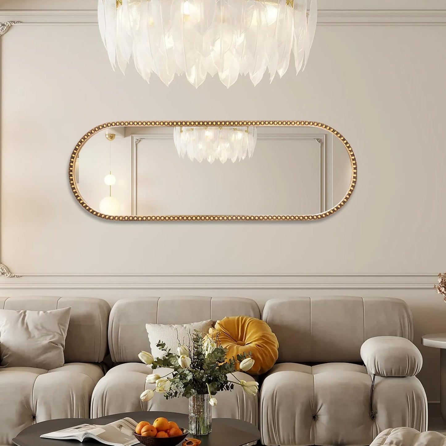 Oval Full Length Mirror, 20"x53" Metal Beaded Frame Large Hanging Dressing Floor Mirror for Bedroom, Living Room, Entryway, Antique Gold (No Stand)