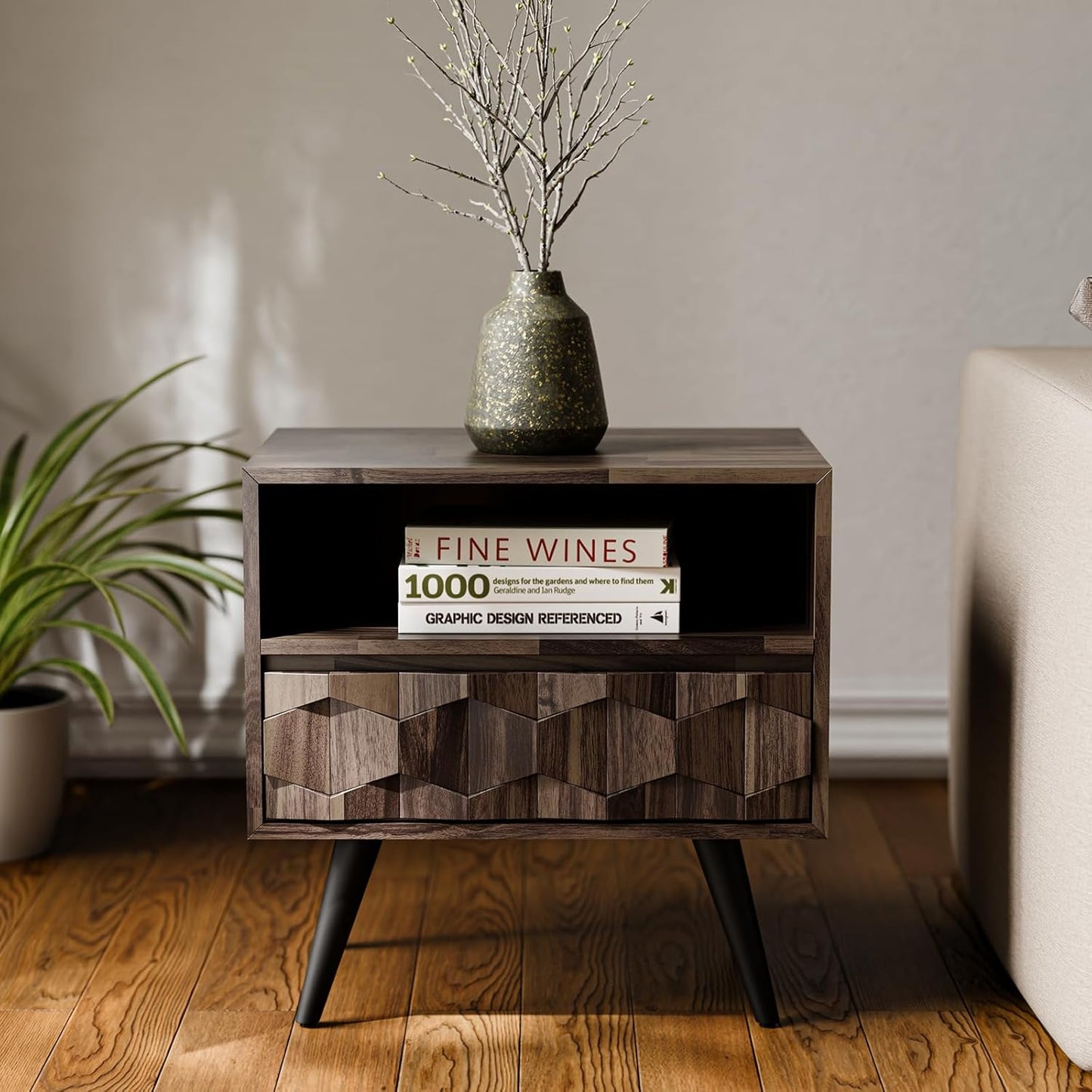 Bme Georgina Solid Wood Nightstand with 1 Drawer & Open Shelf- Fully Assembled Mid Century Modern Side Table - Geometric Pattern Bedside Dresser for Bedroom and Living Room, Mocha