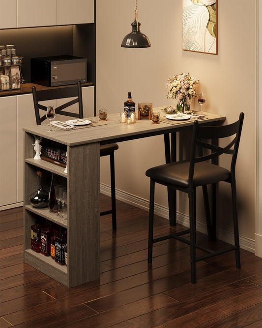 Garvee Bar Table and Chairs Set, 3 Piece Bar Table Set with with Flip Top Extension and Storage Shelves, Dining Table Set for 2, Suitable for Small Space Kitchen Apartment, Grey