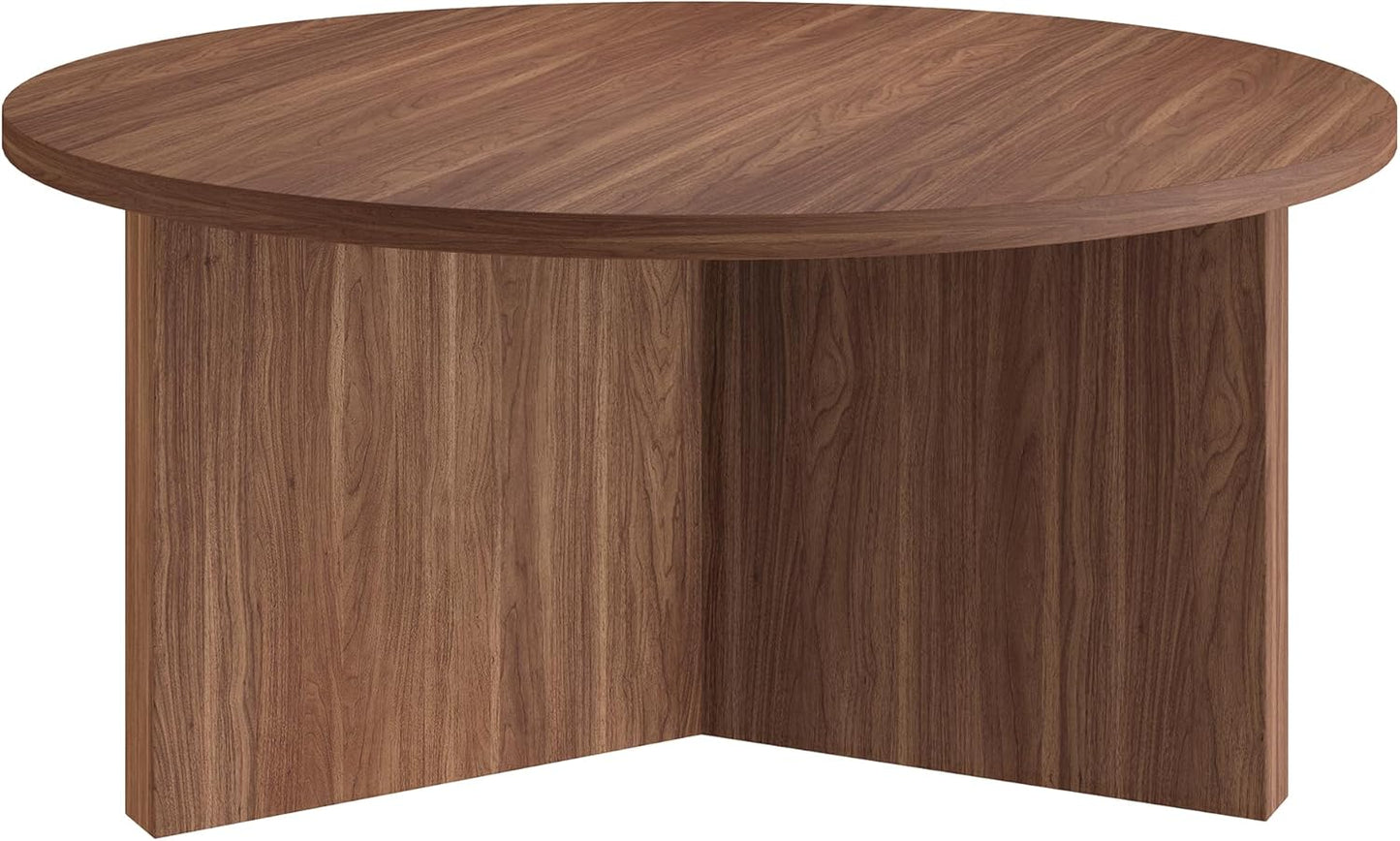 Henn&Hart 36" Round Wood Pedestal Coffee Table for Living Room, Family Room, Office, or Apartment, Satin Walnut