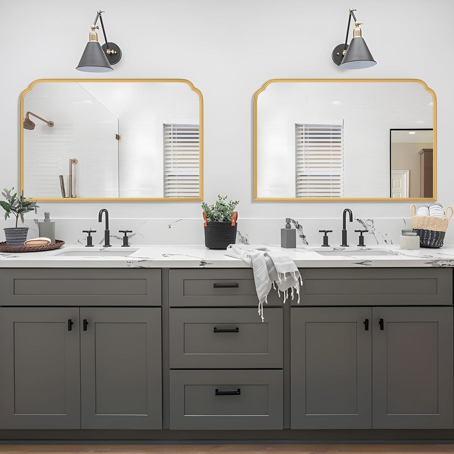 36X24 Inch Gold Bathroom Vanity Mirror for Over Sink, Modern Rounded Corner Fireplace Decor Mirror with Non-Rusting Iron Metal Framed