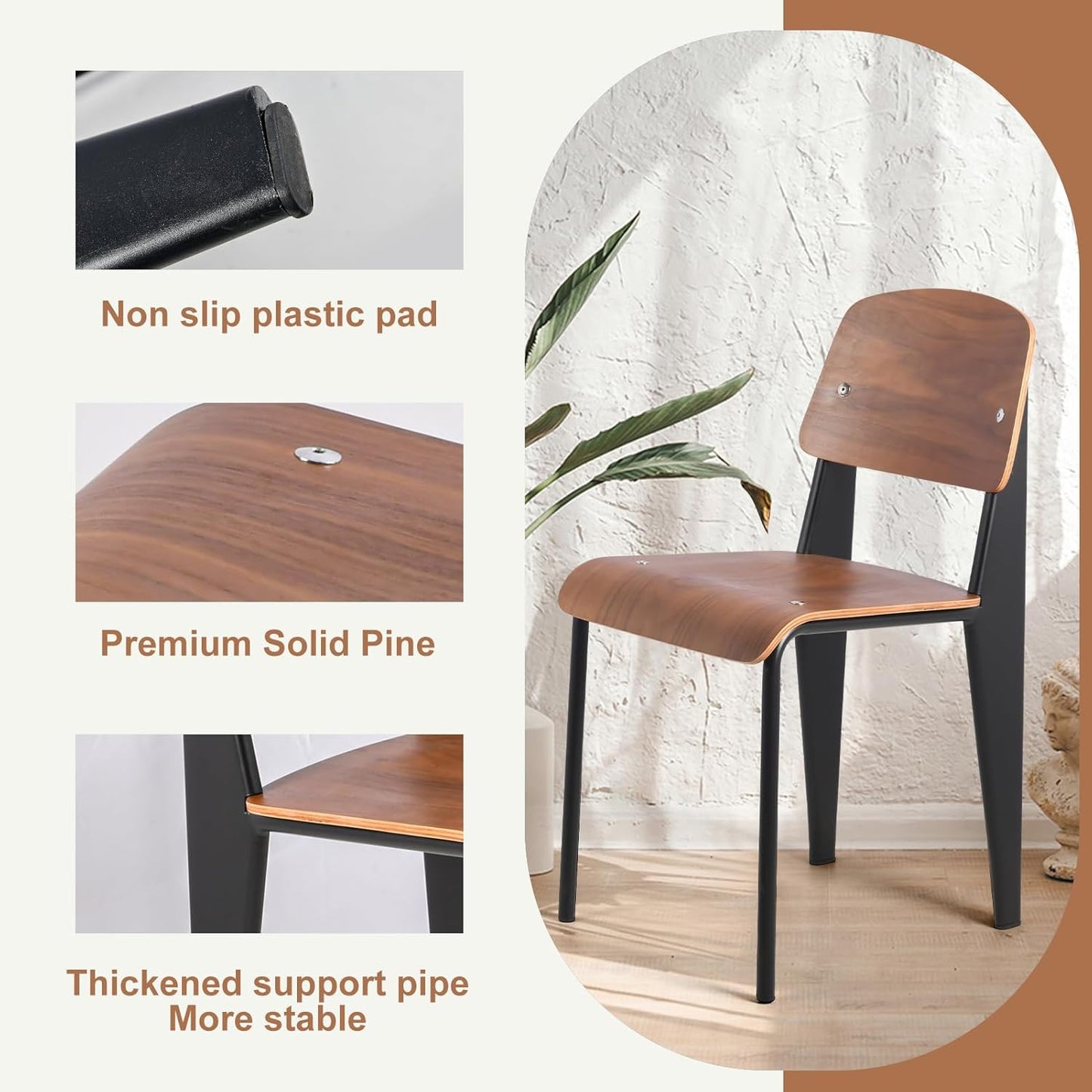 LOKKHAN Dining Chairs, Vintage Wood Metal Home Kitchen Breakfast Cafe Chairs, Backrest Stool, Study Chair, Modern Commercial Conference Restaurant Chairs, Walnut Seat-2-Pcs Set