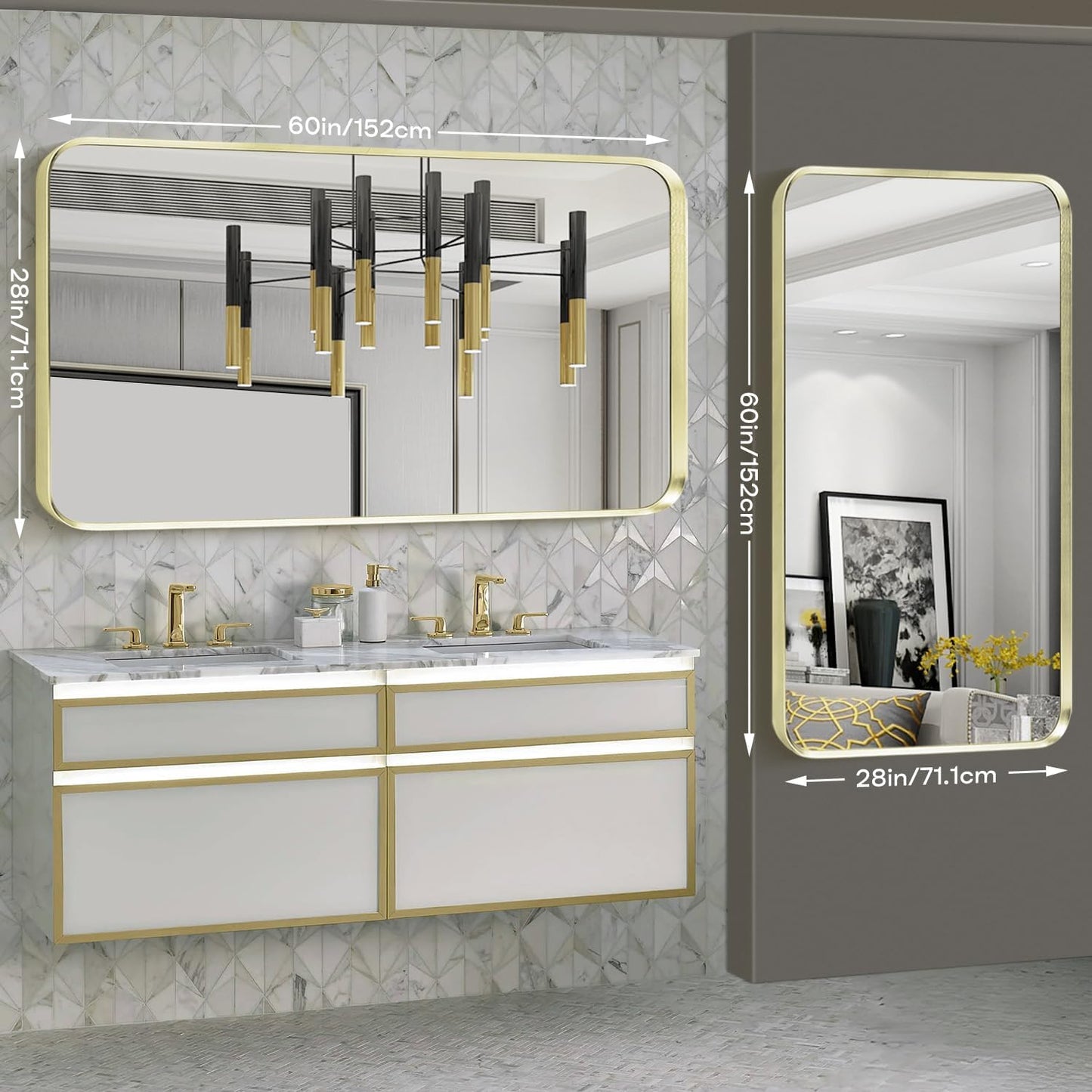 Wall Mount Mirror for Bathroom, Large Brushed Gold Metal Framed Rounded Corner Rectangular Vanity Mirror, Tempered Glass, Anti-Rust, Hangs Horizontally or Vertically (28" x 60", Gold)