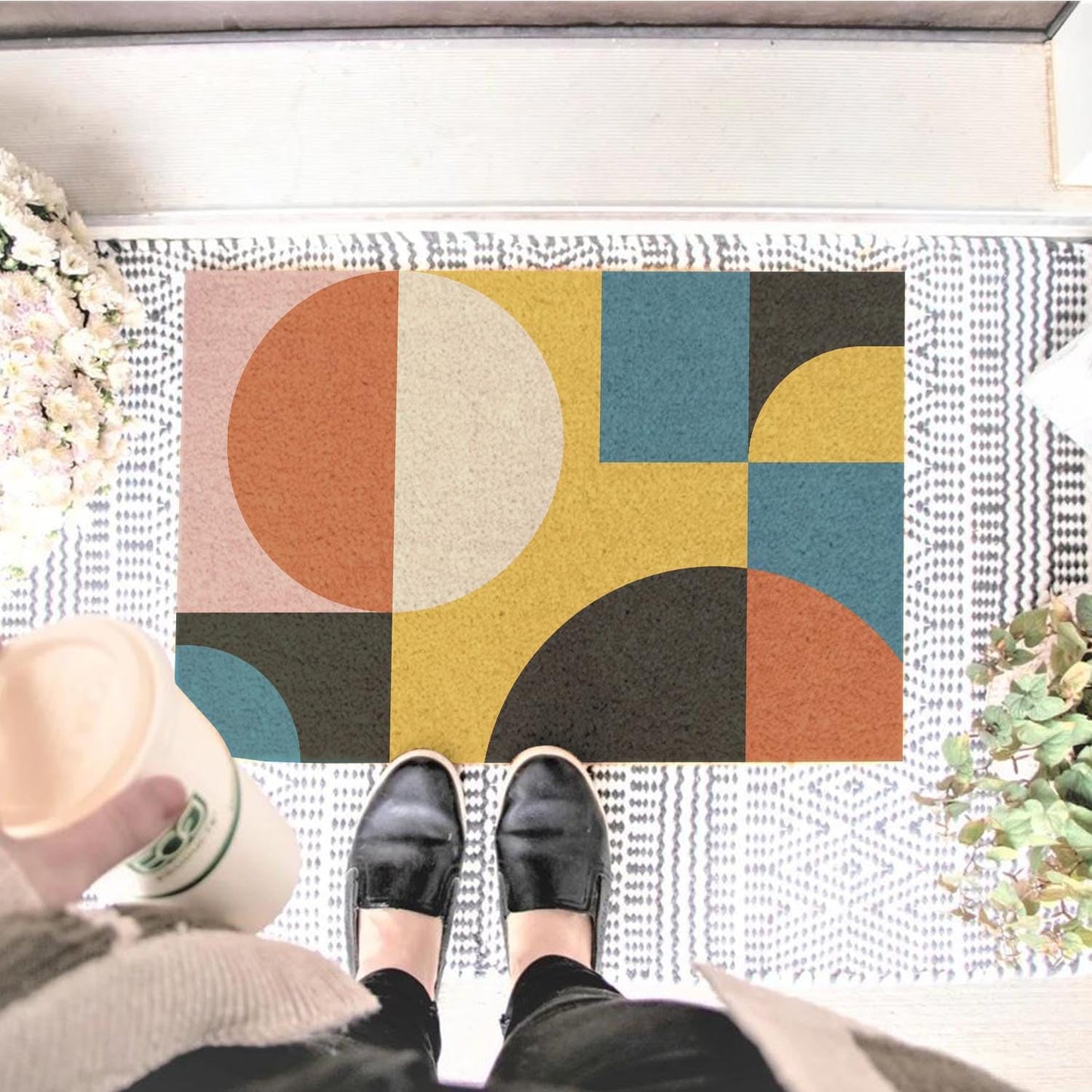 Funny Coir Doormat Simple Modern Abstract Geometric Front Door Mat Entryway Outdoor Mat with Heavy Duty Front Porch Welcome Mats Entry Natural Coconut Brown Mat Novelty Gift Doormat 23.7 x 15.7 inch