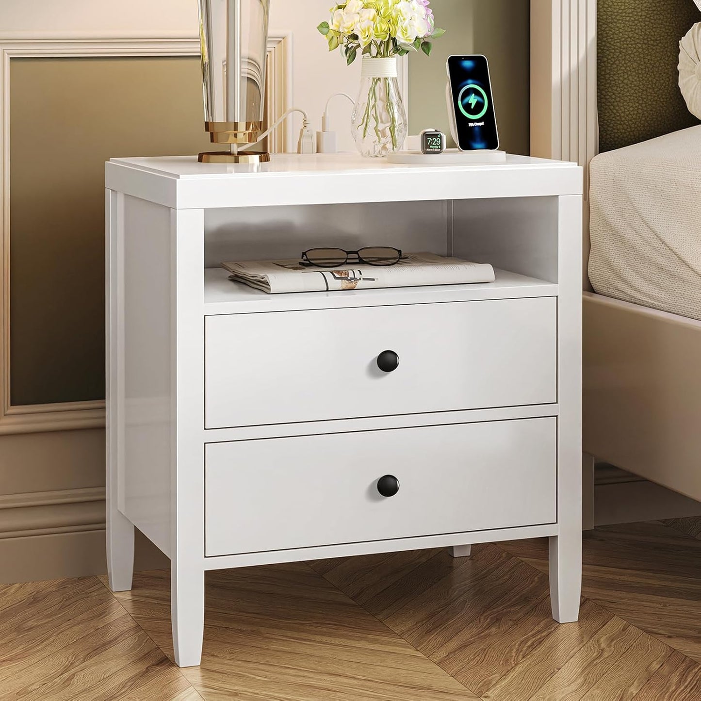 Huuger White Nightstand Set of 2, Night Stand with Charger Station, Bedside Table with 2 Drawers, Bed Side Tables for Bedroom, Modern Nightstands, Metal Knobs, Painted Surface