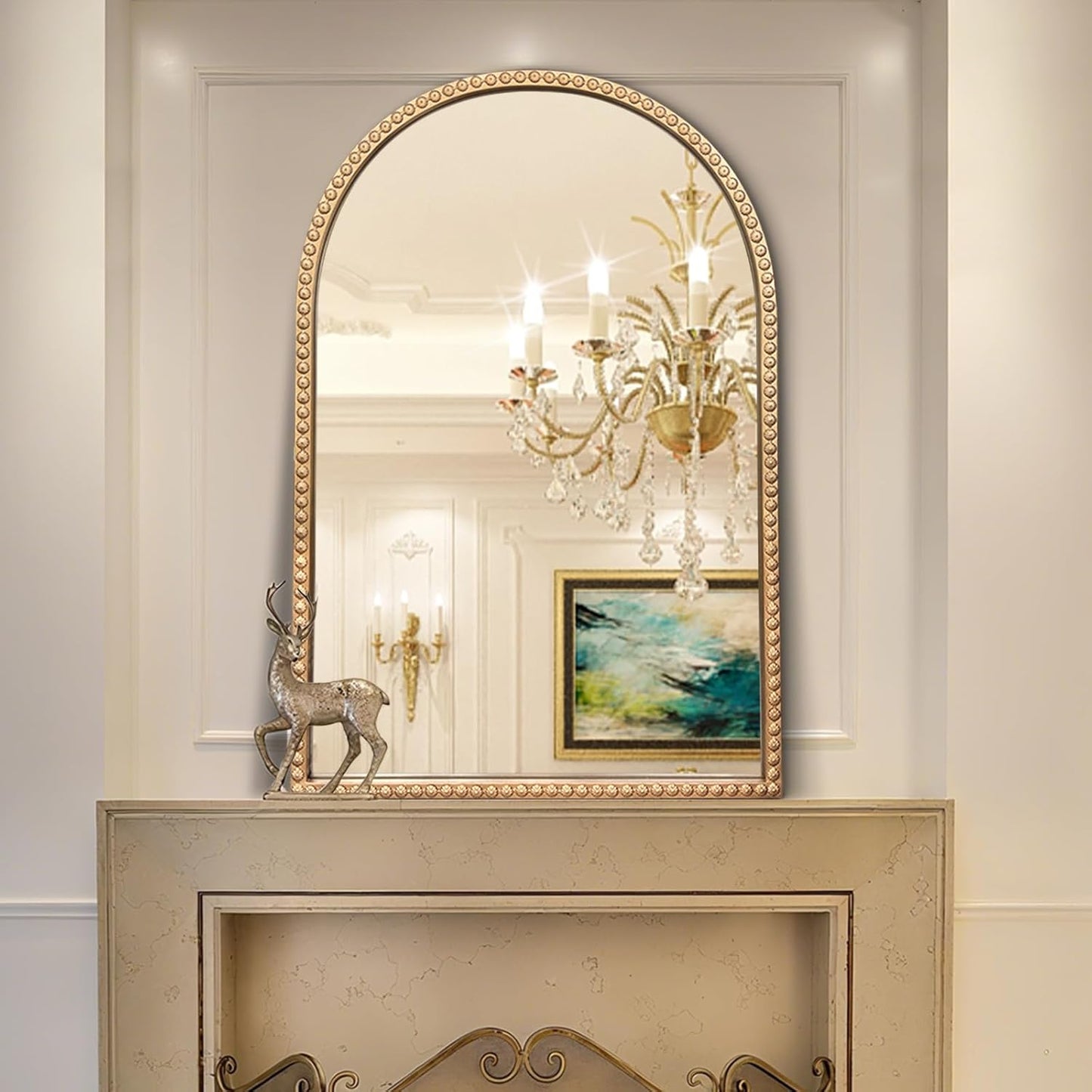 Gold Arched Mirror, 24"x36" Arch Vanity Mirrors for Bathroom, Metal Beaded Frame Decorative Accent Mirror, Ornate Vintage Mirrors for Fireplace Bedroom Living Room Hallway Entryway