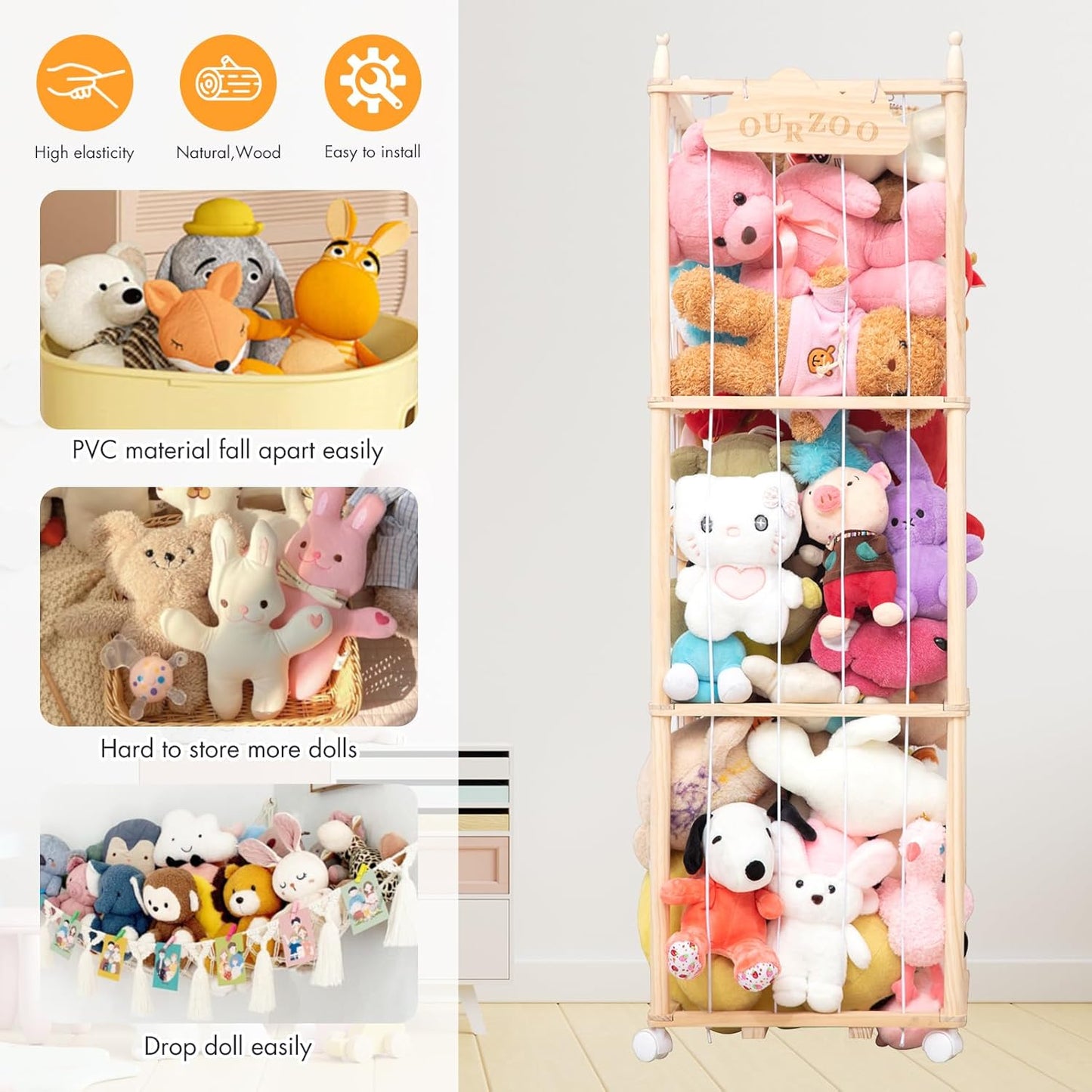 Stuffed Animal Storage Organizer, Zoo Toy Storage Holder with Wheels, Extra Large Capacity Wooden Stuffed Animals Storage Cage, Soft Toy Stuffed Animal Holder Tower for Nursery Playroom Bedroom