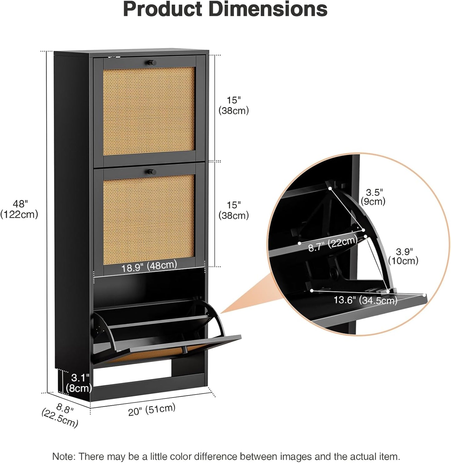 Rattan Shoe Cabinet 3-Tier, Narrow Shoe Cabinet with 3 Flip Drawers and Adjustable Shelves,Entryway Black Shoe Organizer with Removable Shelves for Hallway, Entrance