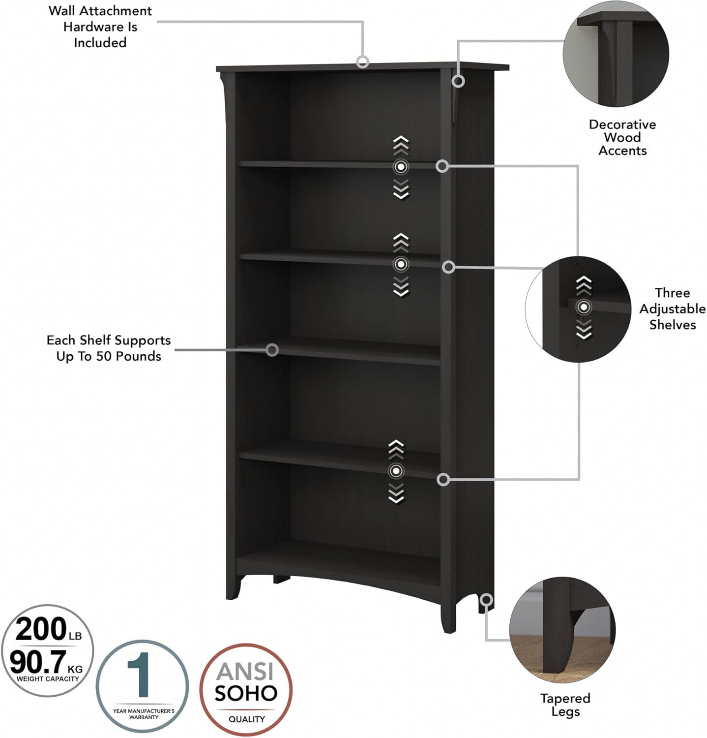 Bush Furniture Salinas 5 Shelf Bookcase In Vintage Black, Tall Bookshelf, Large Book Shelf For Living Room, Home Office, Or Entryway