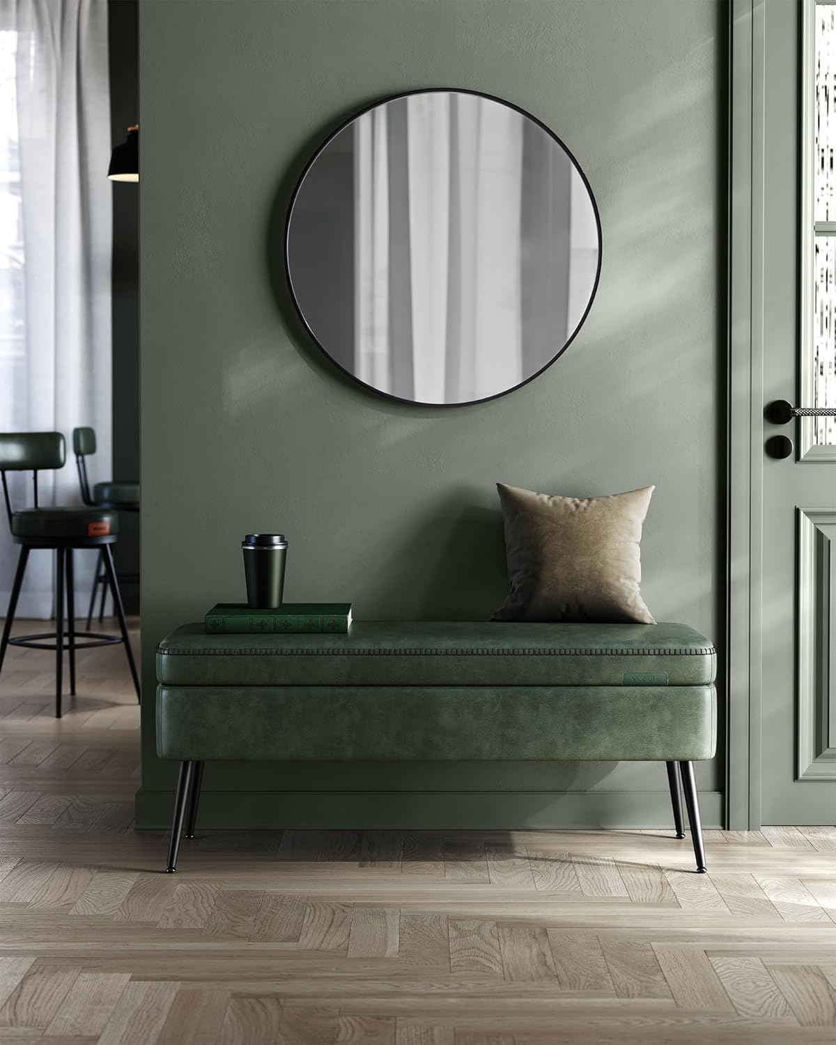 VASAGLE EKHO Collection - Storage Ottoman Bench, Entryway Bedroom Bench, 15 Gallons, Synthetic Leather with Stitching, Mid-Century Modern, Safety Hinges, Loads 660 lb, Forest Green ULOM074C01