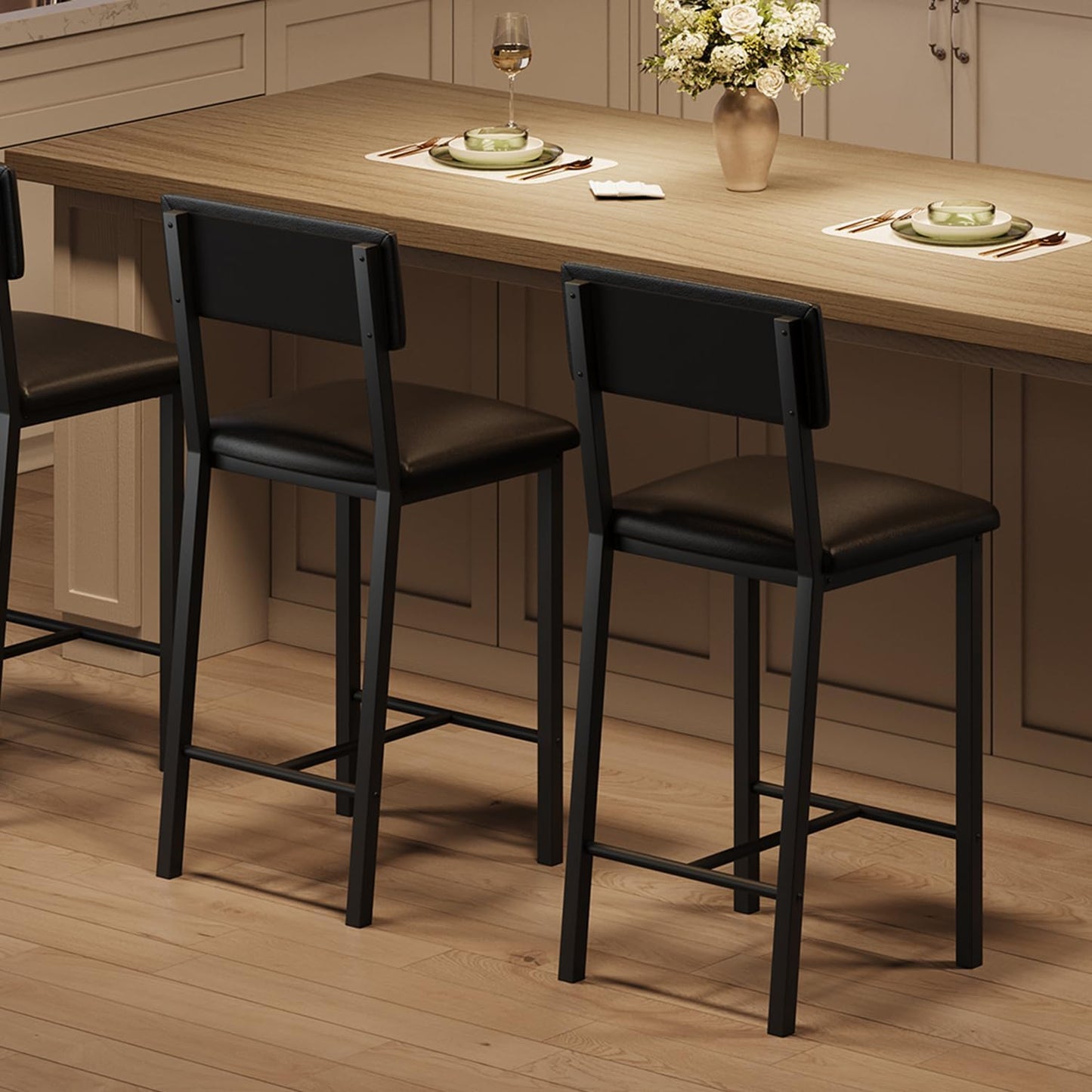 Garvee Bar Stools Set of 2, Kitchen Barstools with Thick Cushion, 25 Inch Counter Height Bar Stools with Backrest and Footrest, for Dining Room, Kitchen Island Counter Chairs, Retro Black