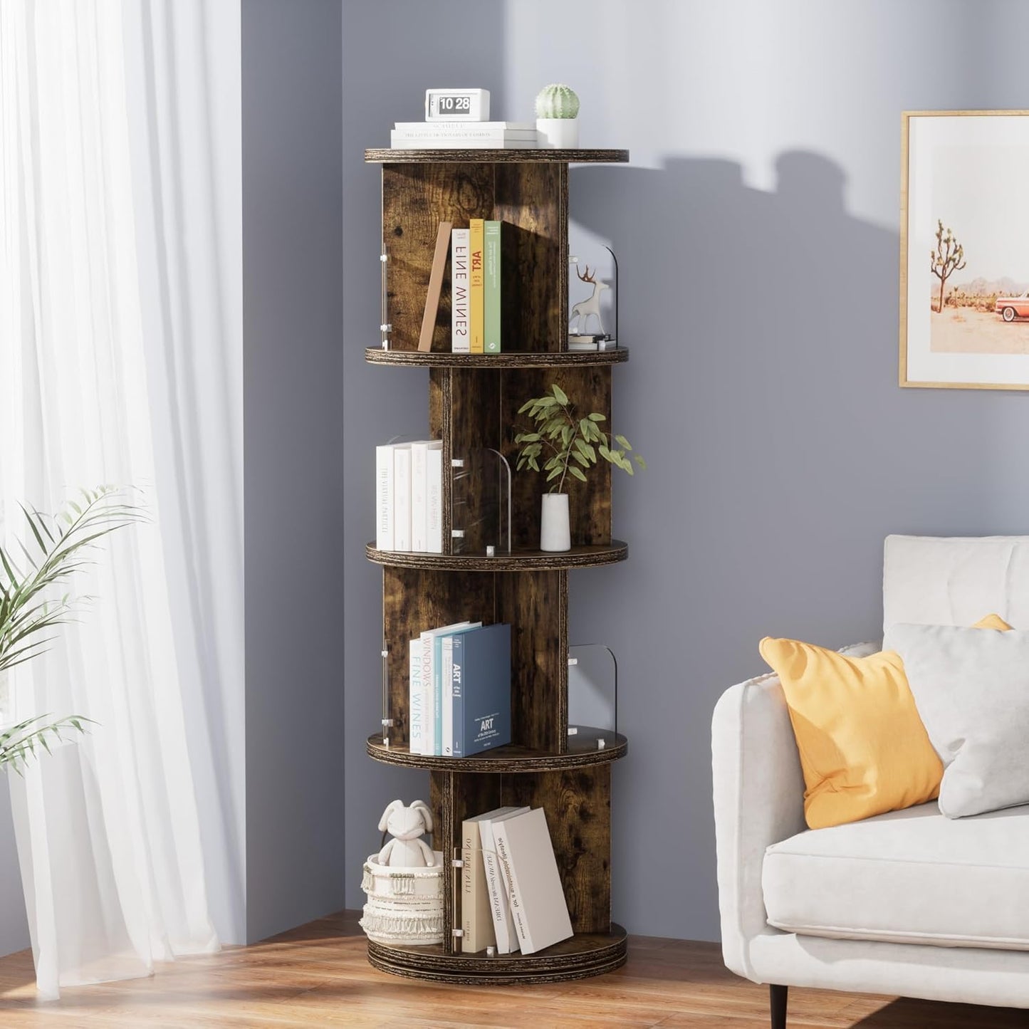 VECELO Rotating Bookshelf Tower, 360°Revolving Bookcase, Modern Tall Book Shelf Storage Display Rack Floor Standing, 4 Tier Storage Rack for Kids&Adults Solid Wood, Brown