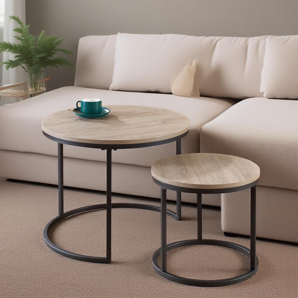 CENSI 24" Round Nesting Table, Accent Coffee Table, French Oak Grey Wood Finish, Space-Saving, Modern Industrial Style