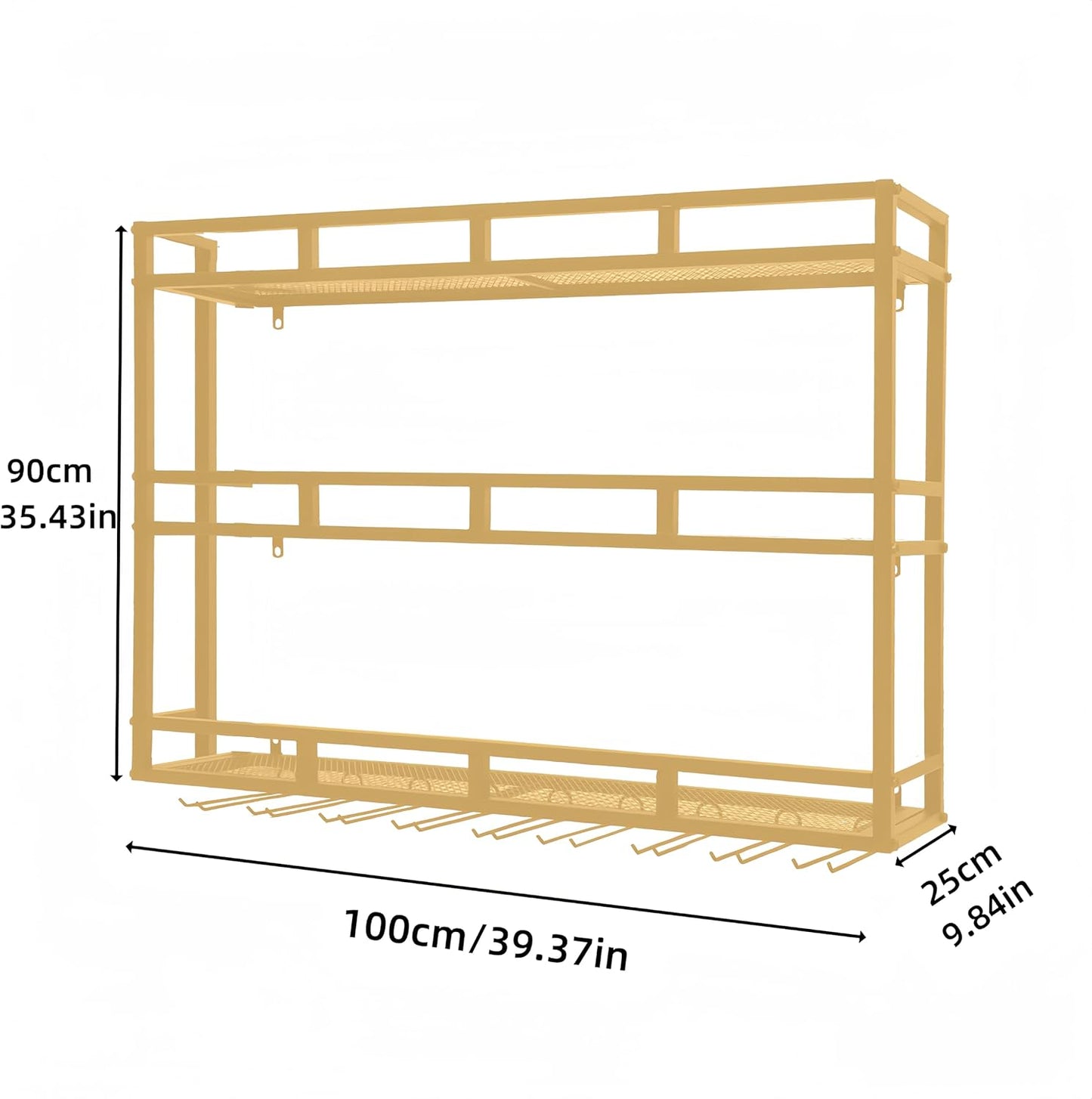 Metal Wine Rack Wall Mounted, Bar Shelves for Liquor Bottles with LED Light, 3 Tier Large Capacity Liquor Rack Wall Mounted with Glass Holder for Home Bar & Dining Room （Gold, 39in/100cm）