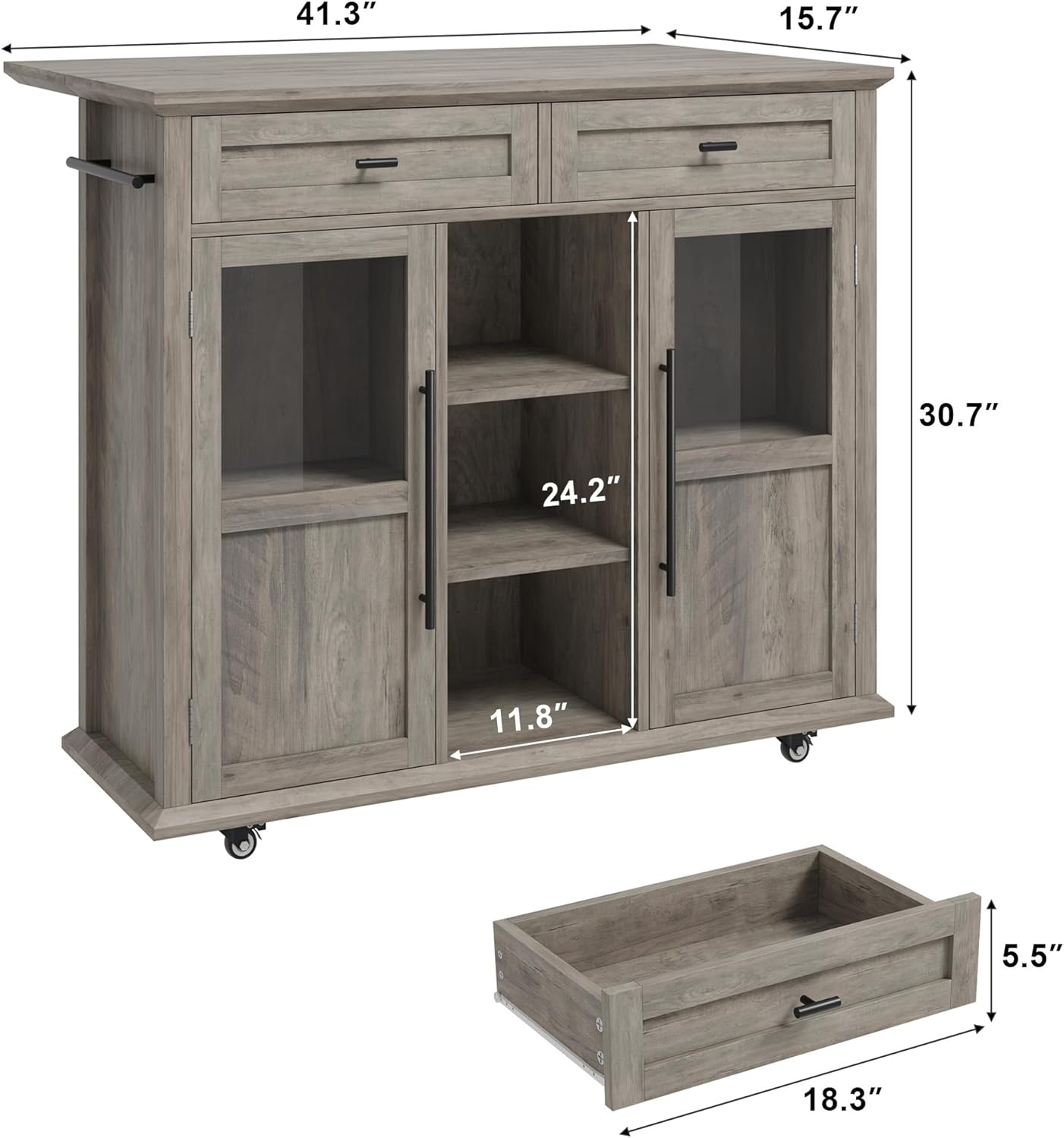 Mobile Modern Storage Island,Rolling Kitchen Island with Drop Leaf - Door Cabinet, Drawer, Bar Cart with Cabinet, Portable Cart Island Table for Kitchen,Grey