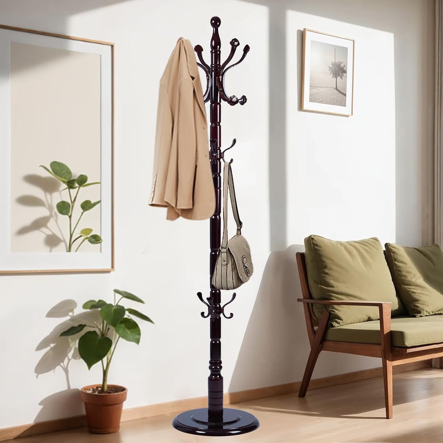 72 in Wood Coat Rack, Coat Rack Freestanding with Stable Round Base, Adjustable Height Tree Coat Racks Stand for Home Bedroom Office Hallway Entryway (Rosewood Ruyi Hook)