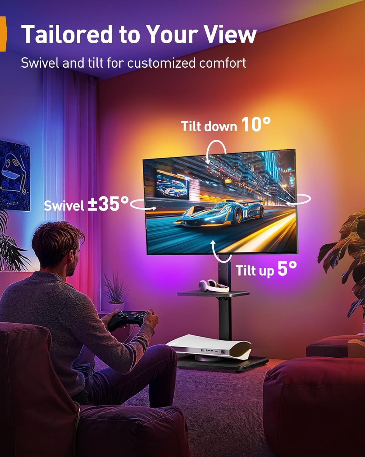 Perlegear Floor TV Stand with LED Light for 32”-75" TVs, Tall TV Stand with Swivel and Tilt, 12 Height Levels TV Mount Stand, Solid Wood Base up to 110 lbs for Living Room, Max VESA 600x400mm, PGFS21B