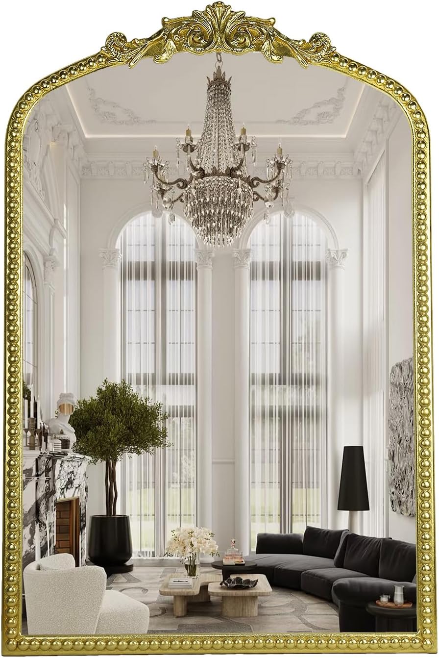 Gold Vintage Mirror, Arched Antique Mirror with Ornate Frame for Bathroom Wall, Living Room, Fireplace, 39.5x26 Inch.