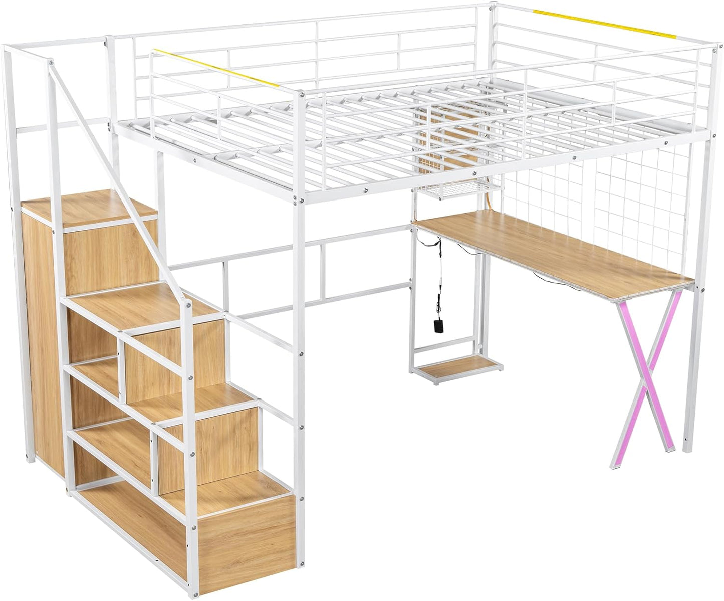 Merax Full Size Metal Loft Bed with Built-in Work Station, Wardrobe, Storage Staircase and LED, Gaming Bed for for Kids Teens Adults, Full-Length Guardrails, No Box Spring Needed, White