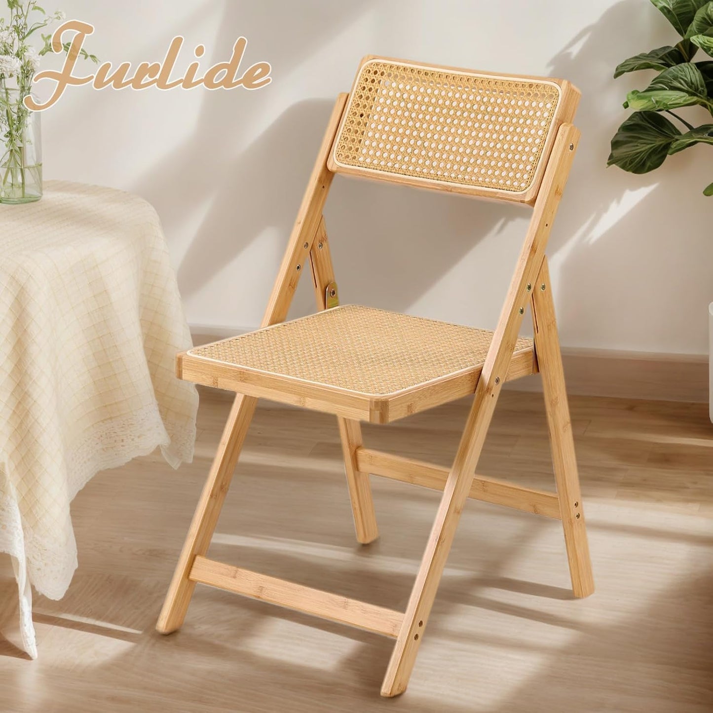 Rattan Folding Chair, Modern Mid Century Dining Chair Set of 1, Outdoor Bamboo Chairs for Bedroom Living Room Reading Room Dining Kitchen, Wood