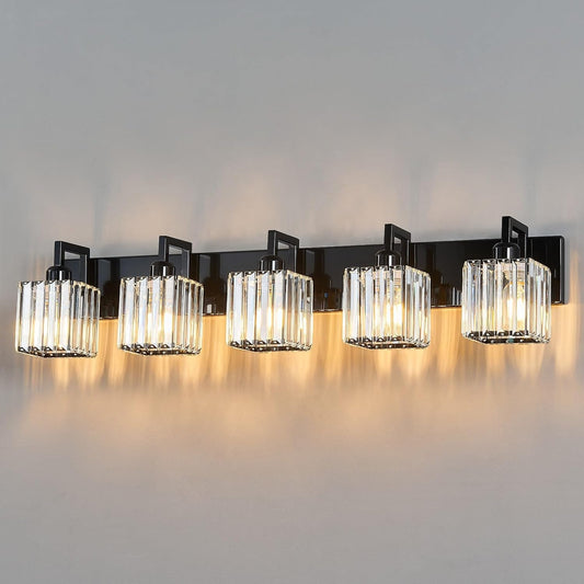 Modern Bathroom Vanity Light 5-Lights Plating Black Vanity Light Crystal Wall Light Bathroom Light Fixtures