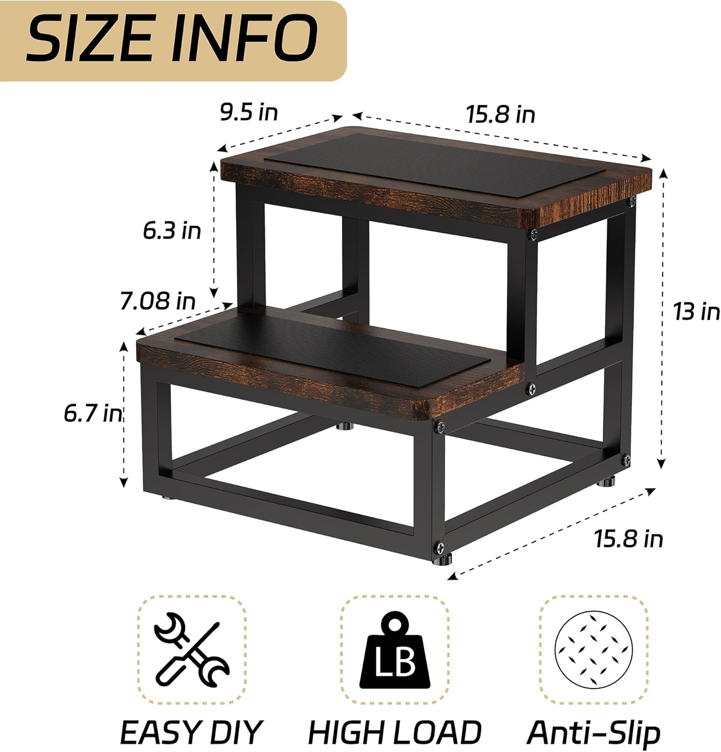 Step Stool, Multi Purpose Step Stools for Kids Adults, Round Corner Bed Step Stools for High Beds, Dog Steps Portable Stepping Stool for Bedroom Kitchen, Load 500 LB, Rustic