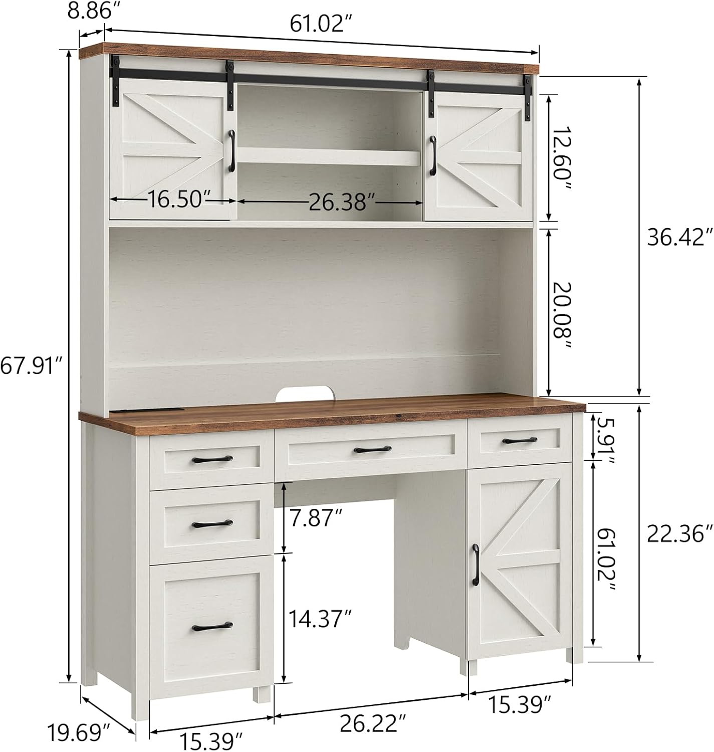 67''H Farmhouse Executive Desk with Hutch & 5 Drawers, Rustic Office Desks Computer Desks with Charging Station, File Drawers and Storage Cabinets, Wood Workspace for Home Office,Unique White.