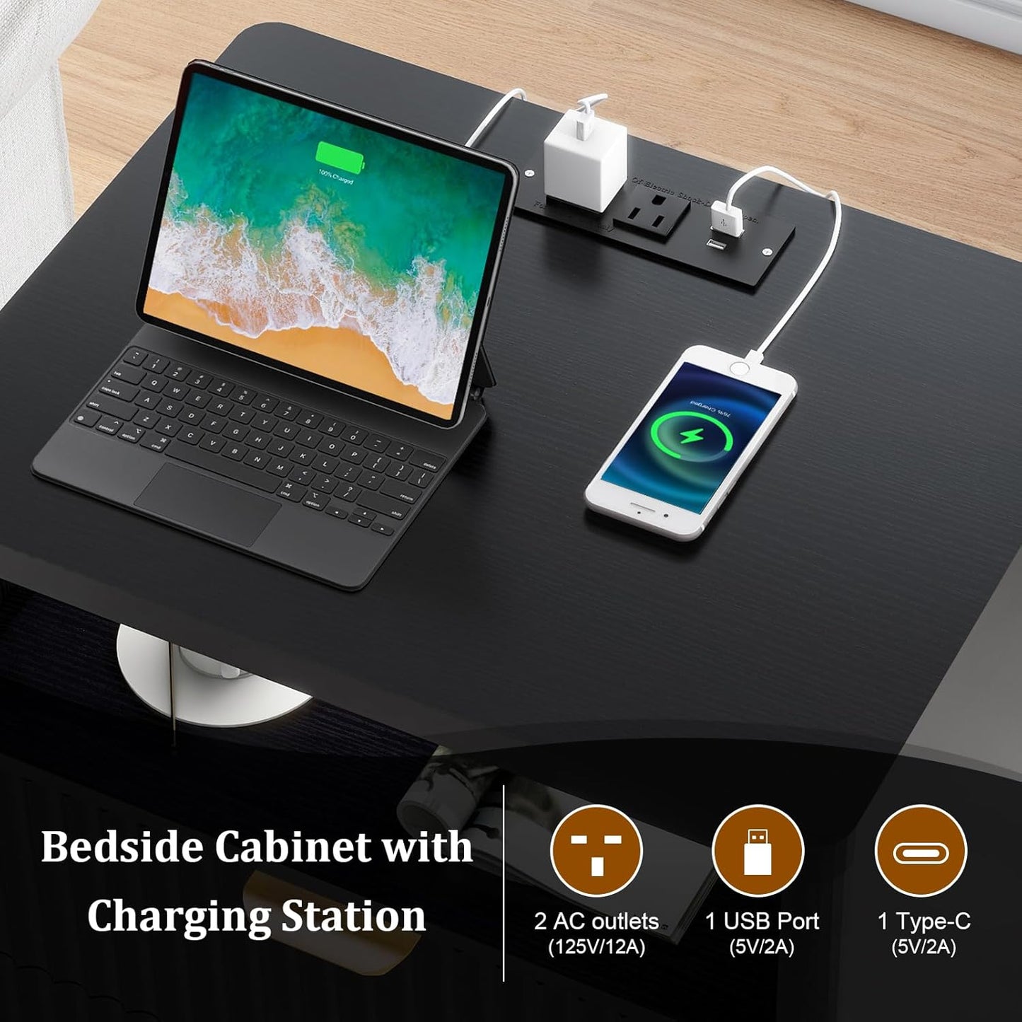 Fluted Nightstand with Charging Station, 19.7 inch Wide End Table with 2 Drawers, Modern Wood Bedside Table for Bedroom, Black