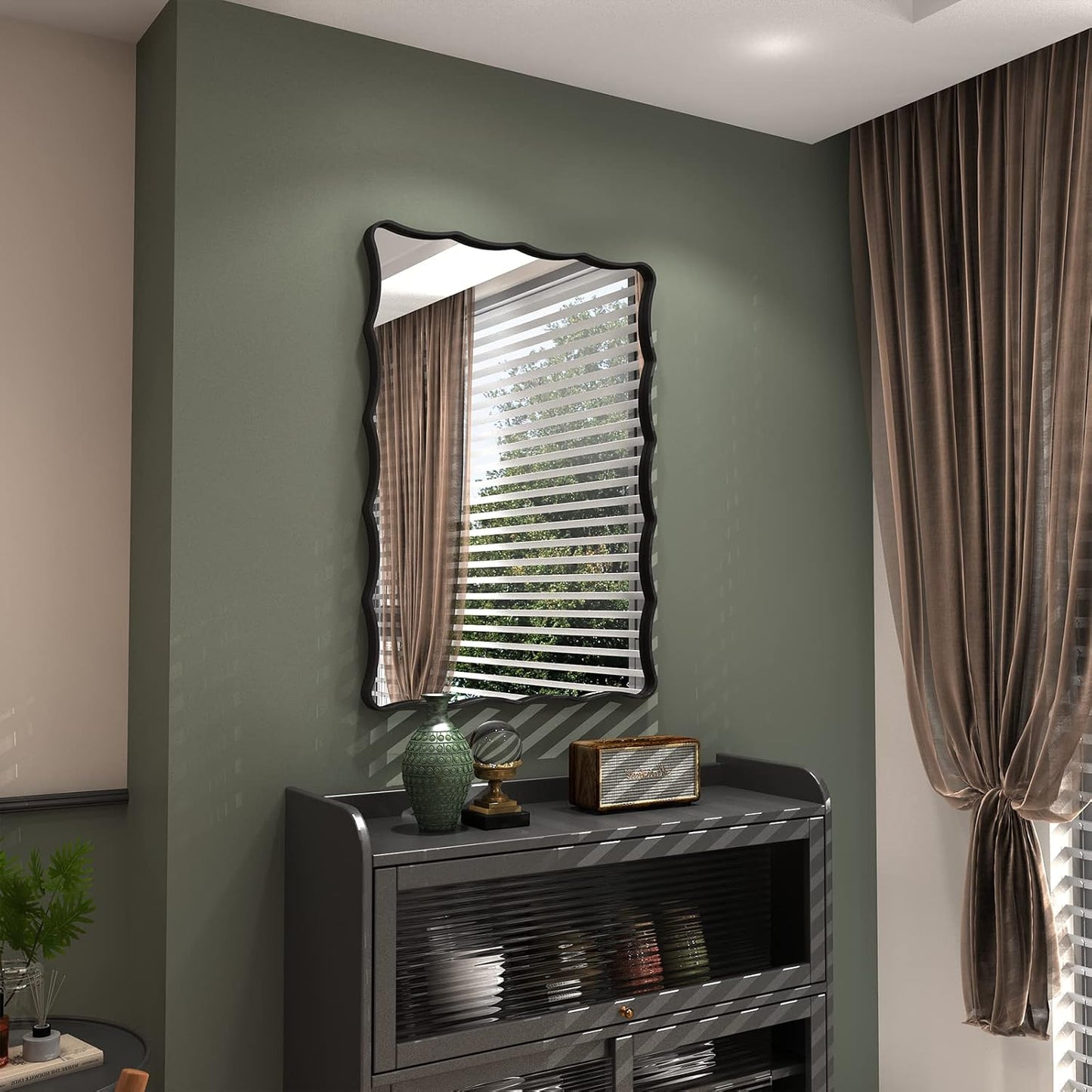 24x36 Matte Black Mirror, Black Metal Vanity Mirror for Wall, Rectangle Bathroom Mirror with Wavy Frame, Anti-Rust(Horizontal/Vertical)