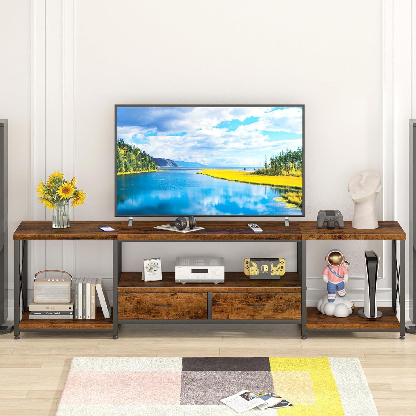 TV Stand with Fabric Drawers for 80 85 Inches TV - Entertainment Center and Industrial TV Console Table with Open Storage Shelves for Living Room, Bedroom- 79.1" Rustic Brown