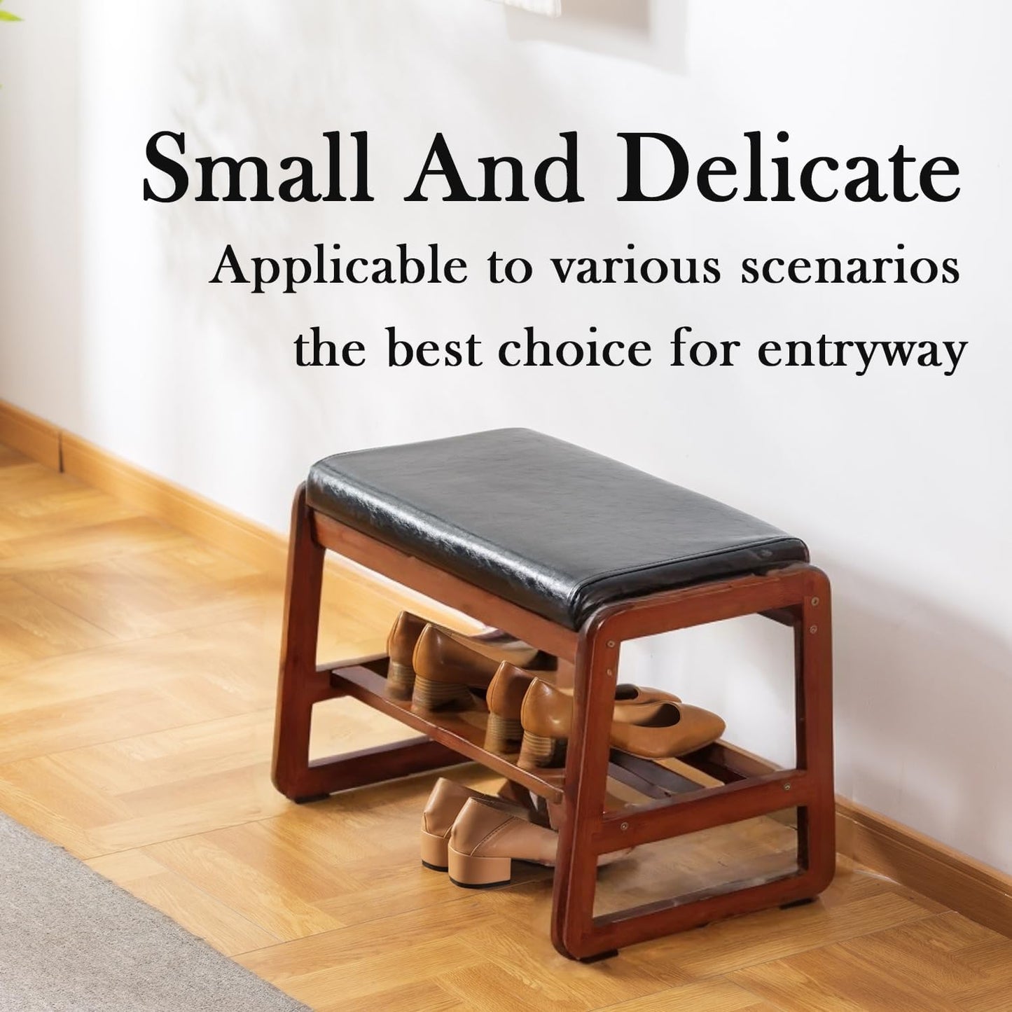 latifolia Solid Wood Bench, Entryway Shoe Bench with Cushion, 2 Tier Shoe Storage Organizer for Hallway, Living Room(Black,21.65''L)