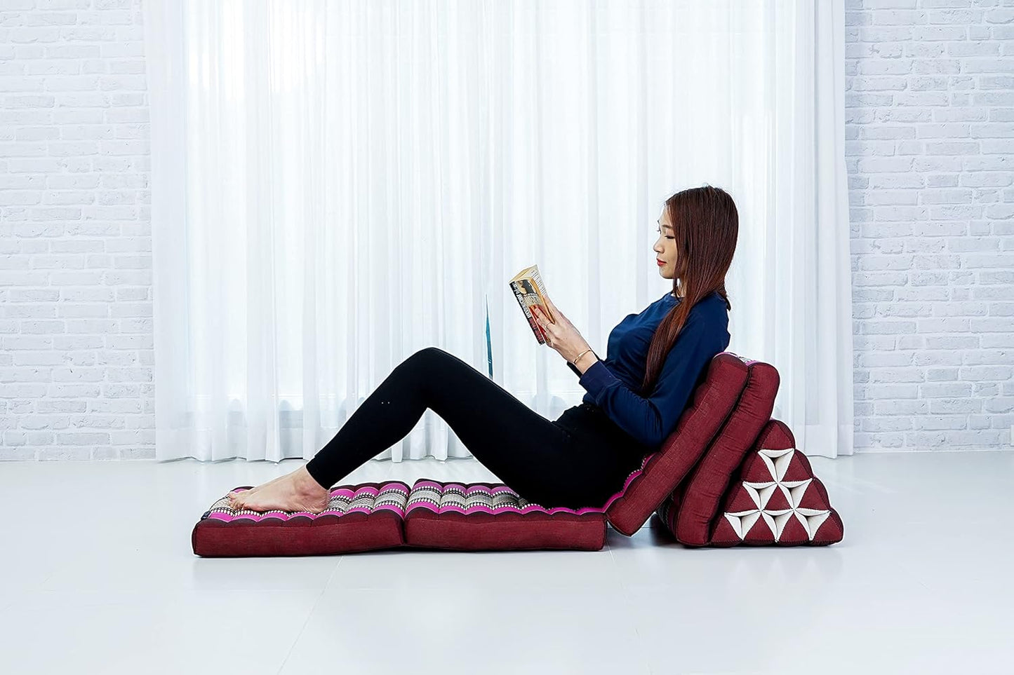 Leewadee Comfortable Japanese Floor Mattress - Thai Floor Bed with Triangle Cushion - Futon Mattress - XL Extra Long Thai Massage Mat, 89 x 20 inches, Auburn Pink, Kapok Filling