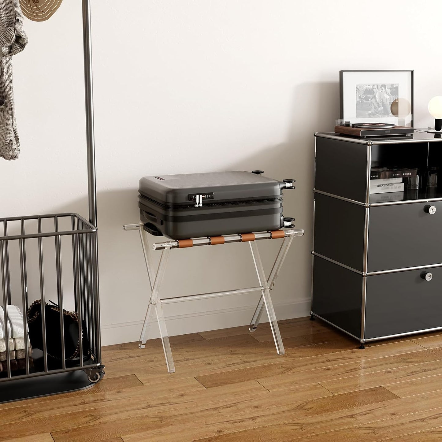 Sumerflos Acrylic Luggage Rack for Guest Room - Foldable Suitcase Stand with Leather Straps for Bedroom Living Room Hotel Heavy-Duty, Holds up to 50-100 lb lightweight Space Saving (Brown & Handle - 1 Pcs)