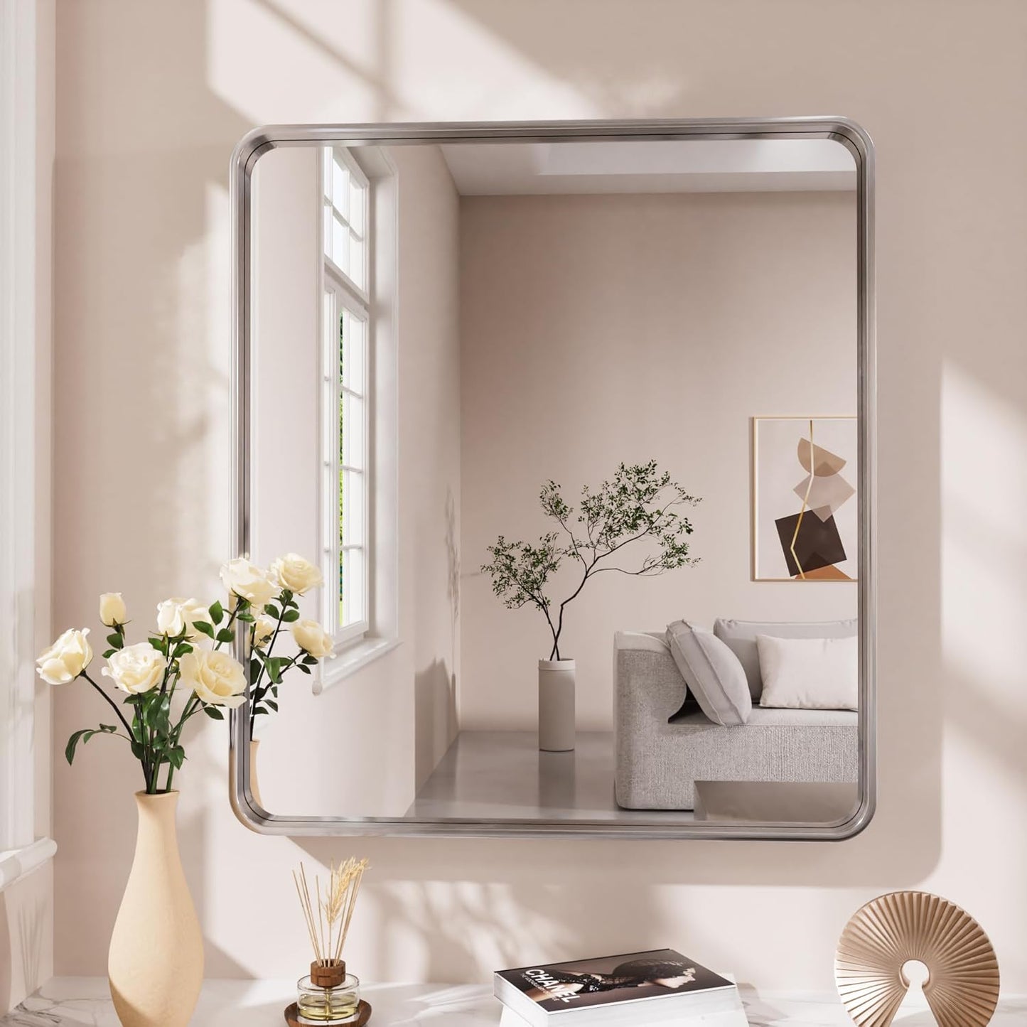 Brushed Nickel Bathroom Mirror 36x36 Inch, Brushed Silver Metal Frame Mirror Wall Mounted, Rounded Bathroom Vanity Mirror, Tempered Glass, Anti-Rust, Horizontal/Vertical