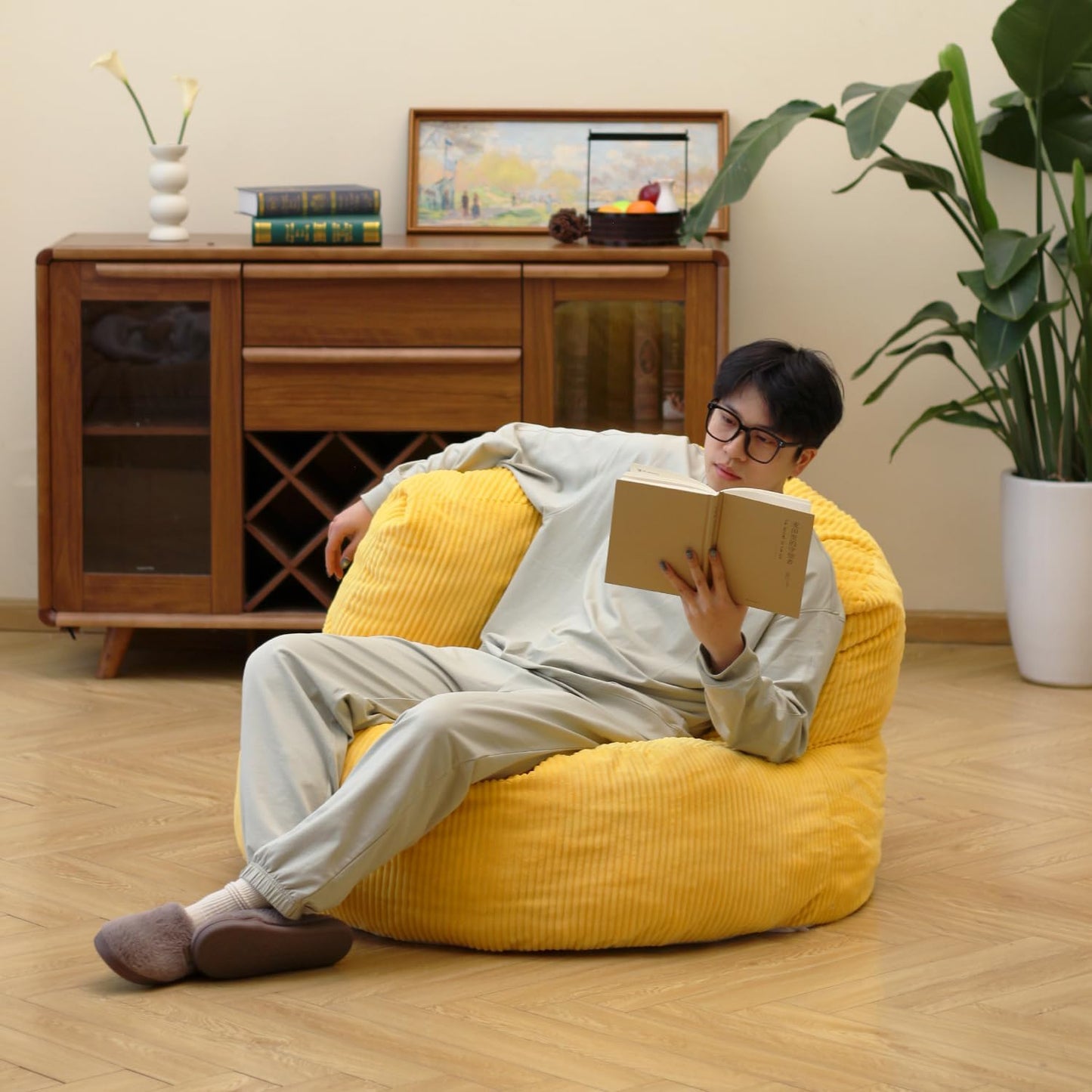 N&V Large Crescent Bean Bag Chair, Adult Size Bean Bag Sack, Foam Filling, Soft Premium Corduroy Bean Bag for Living Room Bedroom Dorm and Office (Tuscany)