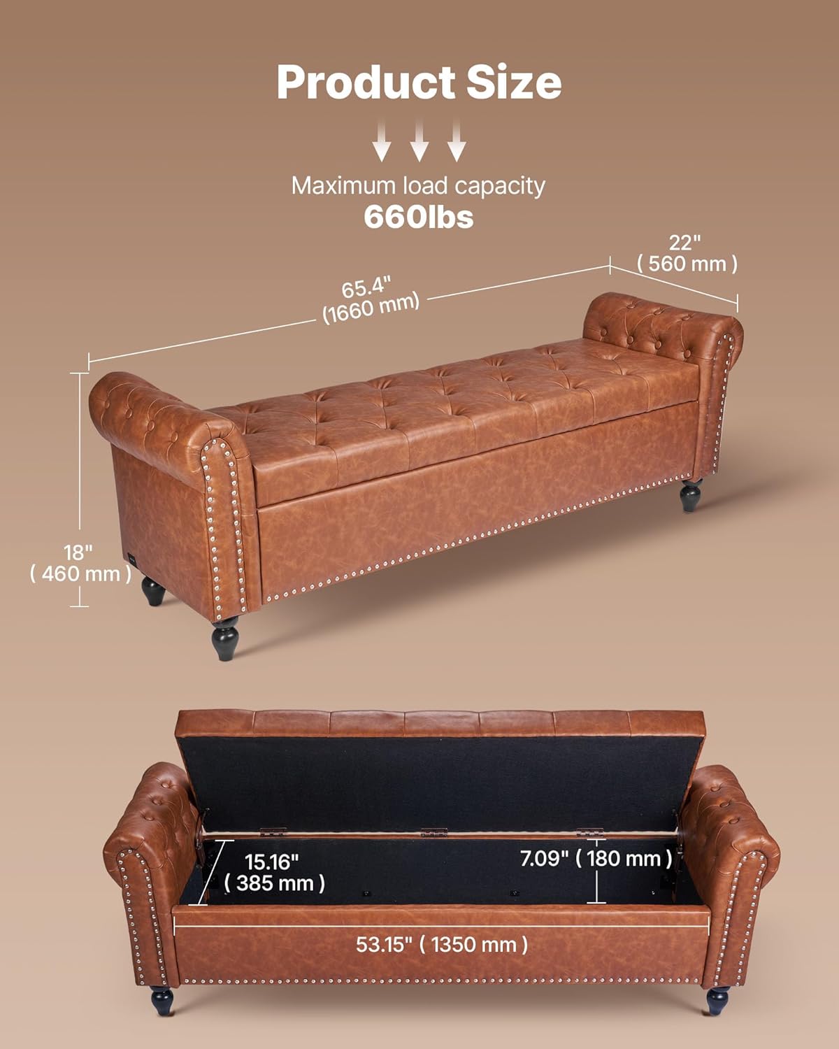 VEVOR Button-Tufted Storage Ottoman Bench, Rolled Arm PU Leather Bench with Solid Wood Legs, Modern Shoe Benches Seat for Entryway, Upholstered End of Bed Benches for Living Room, Dining Room, Brown
